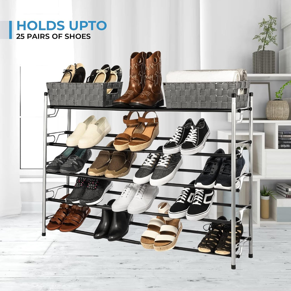 5-Tier Adjustable Freestanding Shoe Rack Organizer, Stackable Metal, Chrome