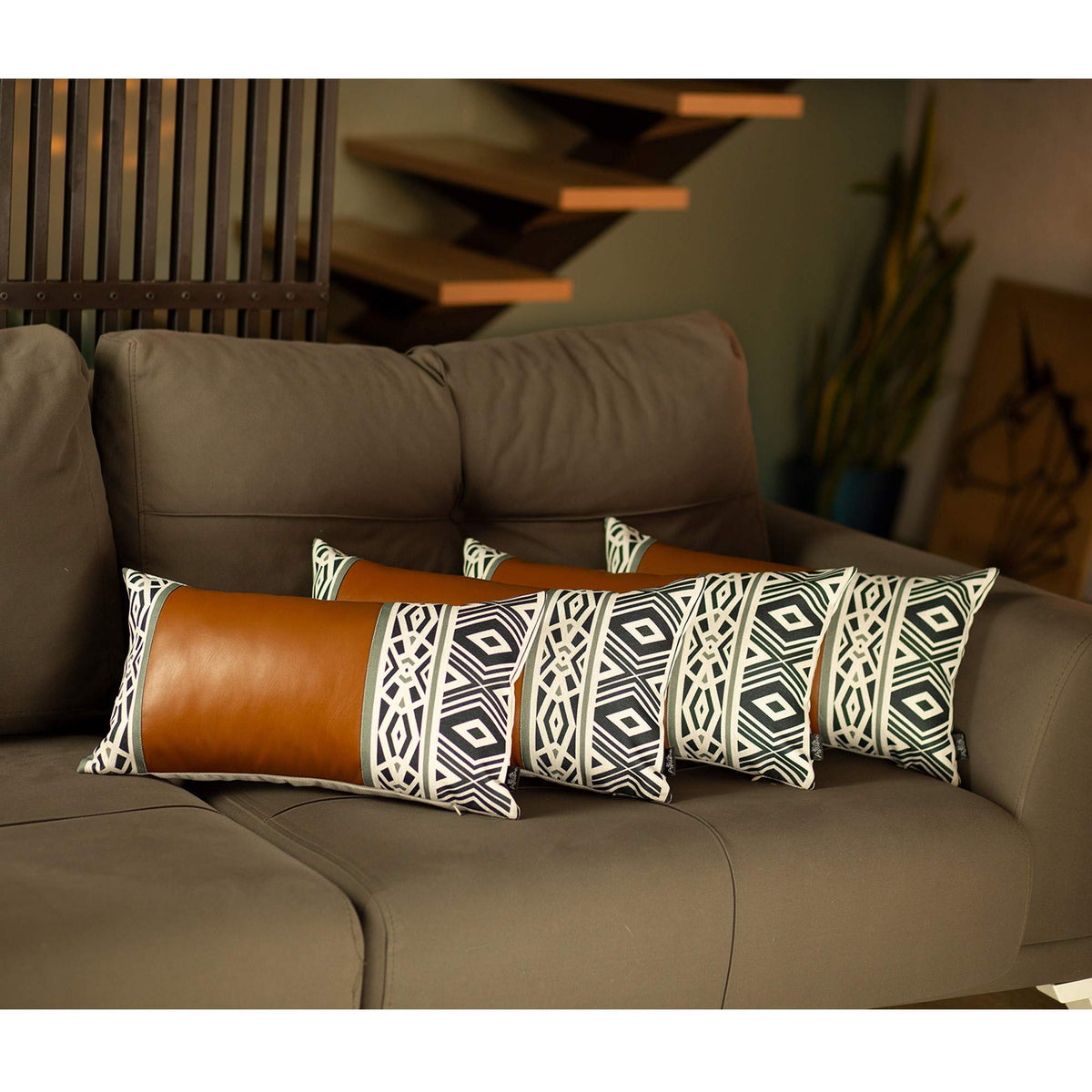 HomeRoots Brown Set of 4 Gray and White Geo with Faux Leather Lumbar Pillow Covers
