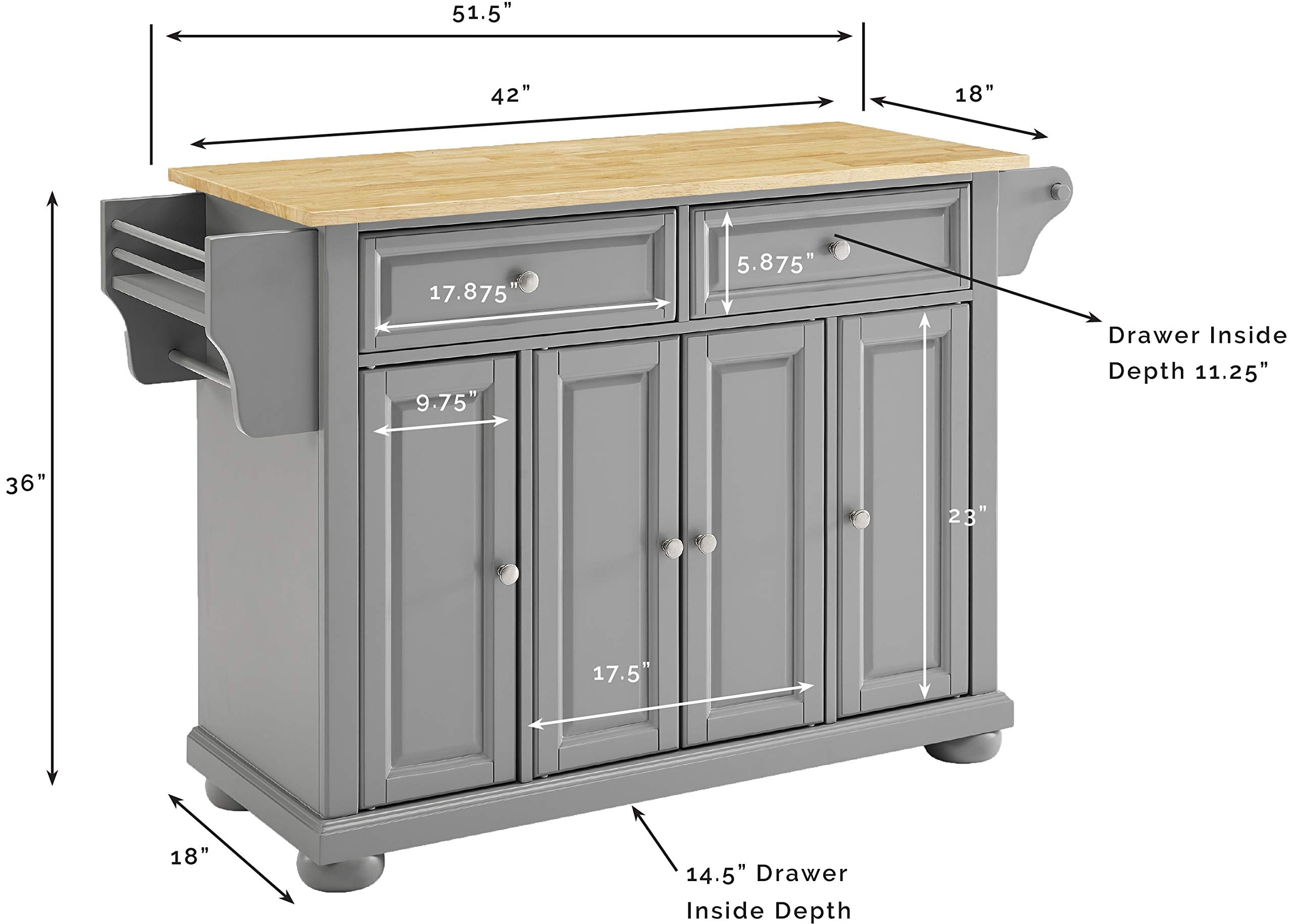 Crosley Furniture Full Size Wood Top Rolling Kitchen Island Storage Cart, Microwave Stand, Spice Rack, Gray