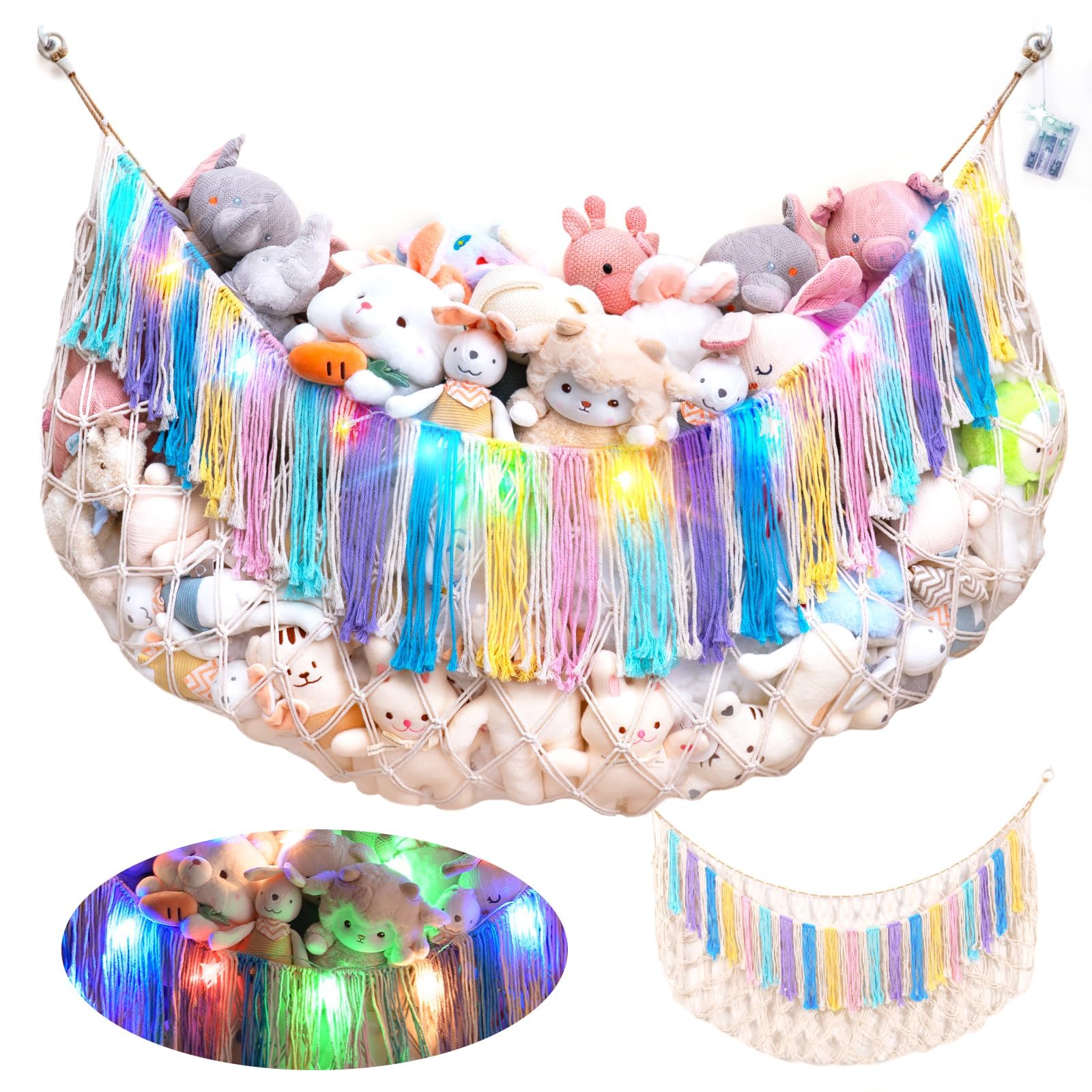 Stuffed Animal Hammock Net with Lights - Xlarge Wall Hanging Stuffed Animal Storage for Plushie Toys and Teddy Bears,Boho Stuffy