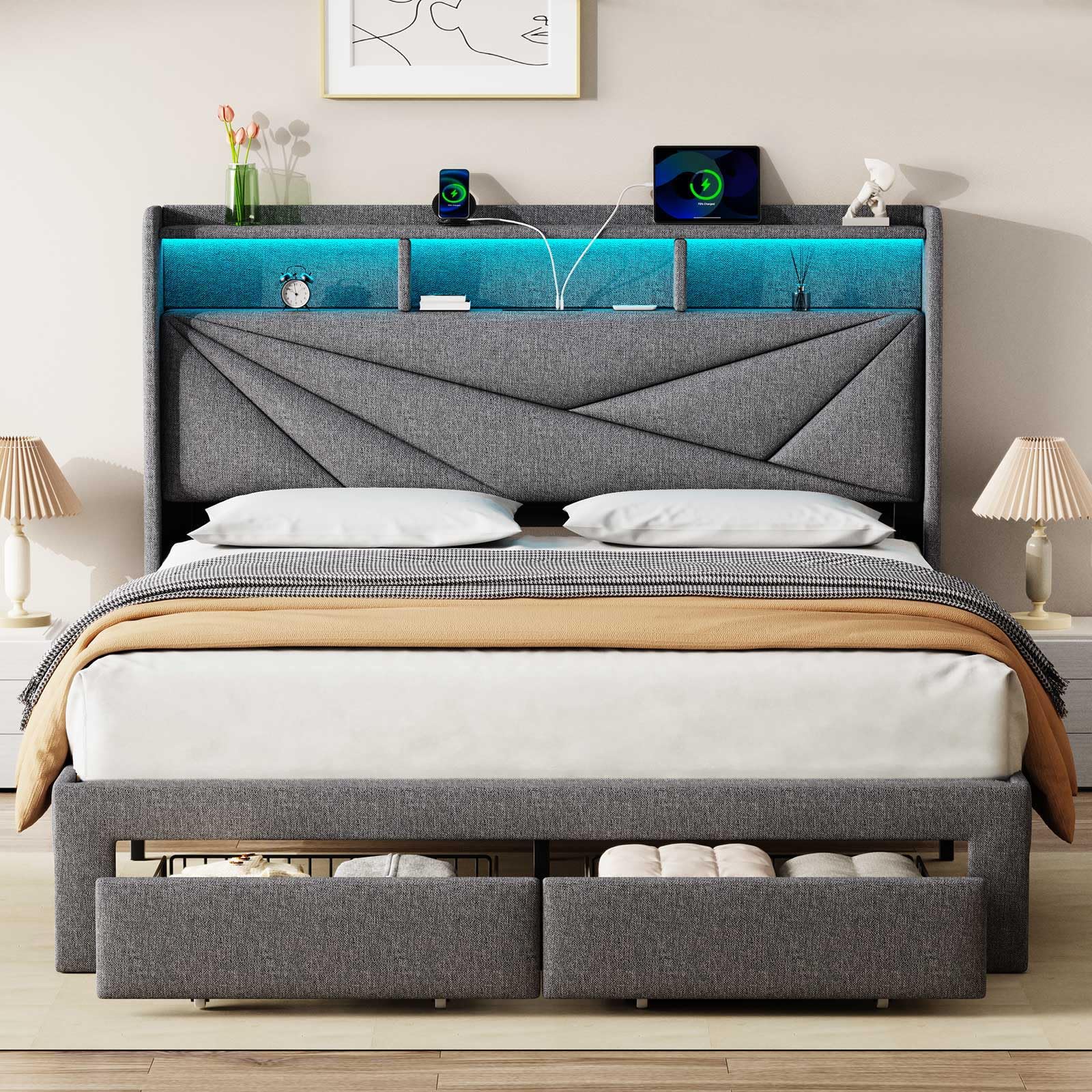Driftalia LED King Size Bed Frame with 2 Storage Drawers, Upholstered King Bed Frame with Headboard and Charging Station, No Box