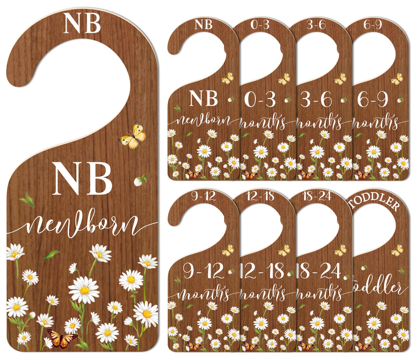 Whaline 8Pcs Daisy Baby Closet Size Dividers Hanging Wooden Baby Closet Organizers Newborn to Toddler Rustic Floral Butterfly In