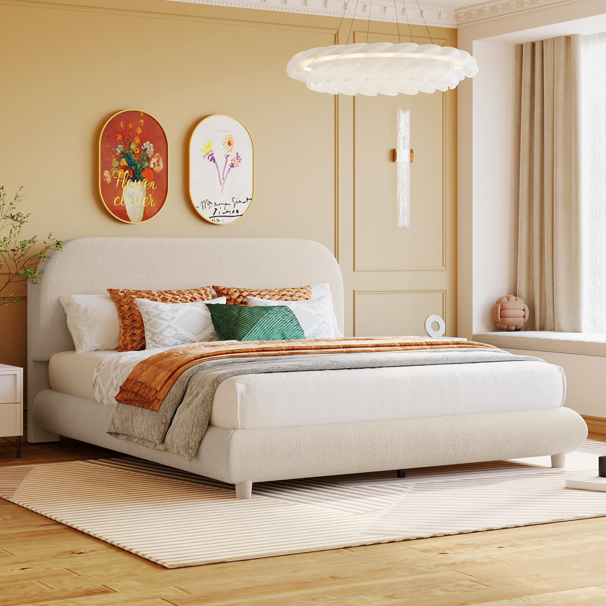 Merax Teddy Fleece Queen Size Upholstered Platform Bed with Thick Fabric, Solid Frame and Stylish Curve-Shaped Design, Beige