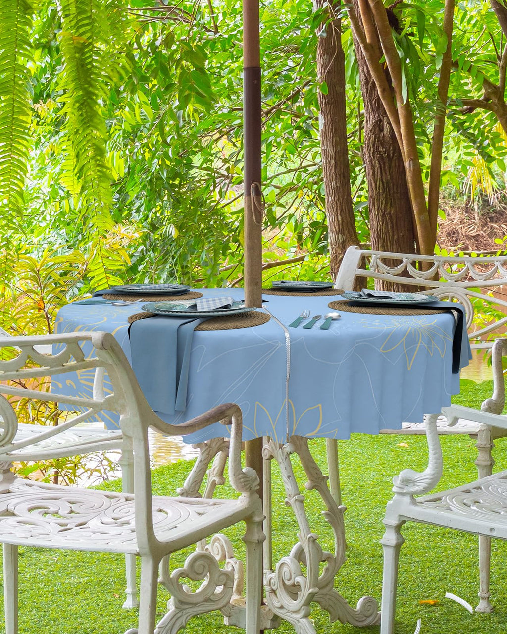 Queenker Outdoor Tablecloth With Umbrella Hole, Minimalist Lines Leaves Flowers Blue Round Tables Waterproof Tabletop Collection