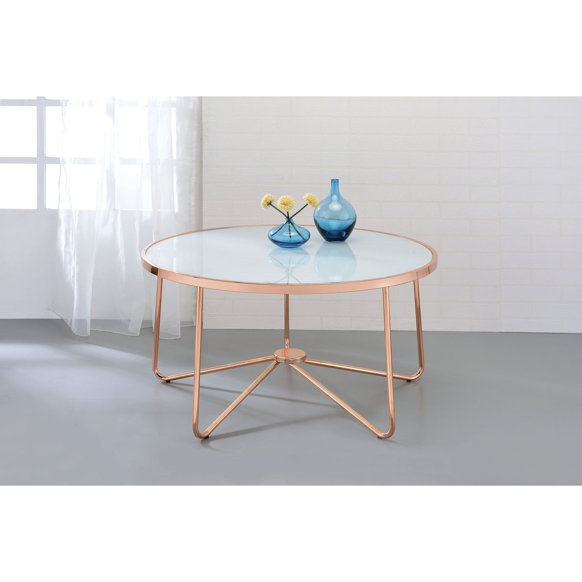 Alivia Coffee Table  Rose Gold & Frosted Glass, 33.5 Inch  Round, Elegant Design, Sturdy Metal Base, Tempered Glass Top, Alivia Coll