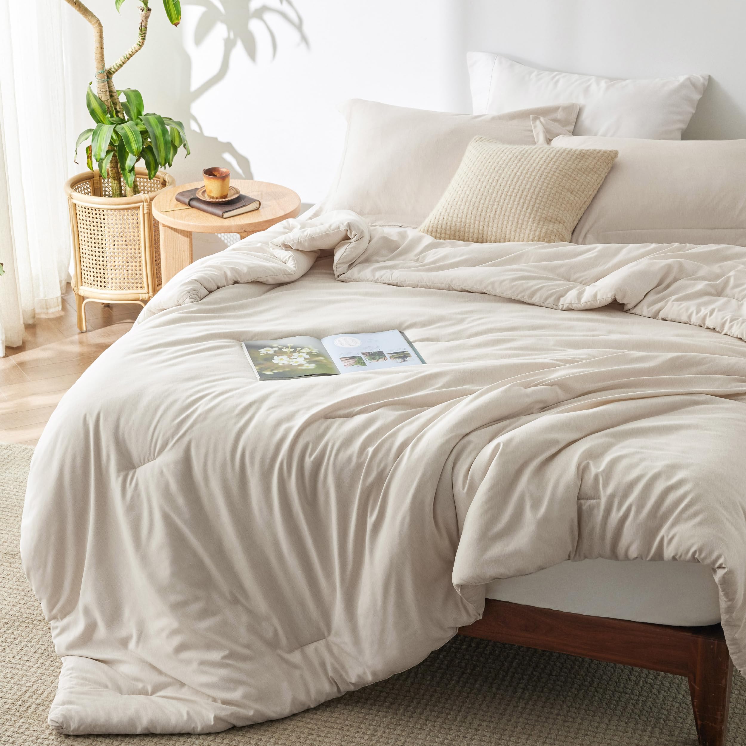 Bedsure Full Size Comforter Set - Beige Full Comforter Set, Soft Bedding For All Seasons, Cationic Dyed Bedding Set, 3 Pieces, 1