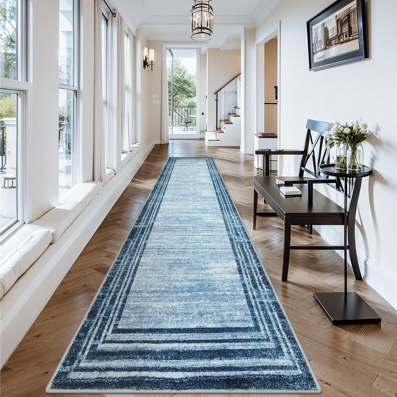 Lahome Abstract Runner Rug,2.5x12 Hallway Runner Non Slip Kitchen Runner Rug Non Skid Washable,Low-Pile Soft Blue Runners for Ha