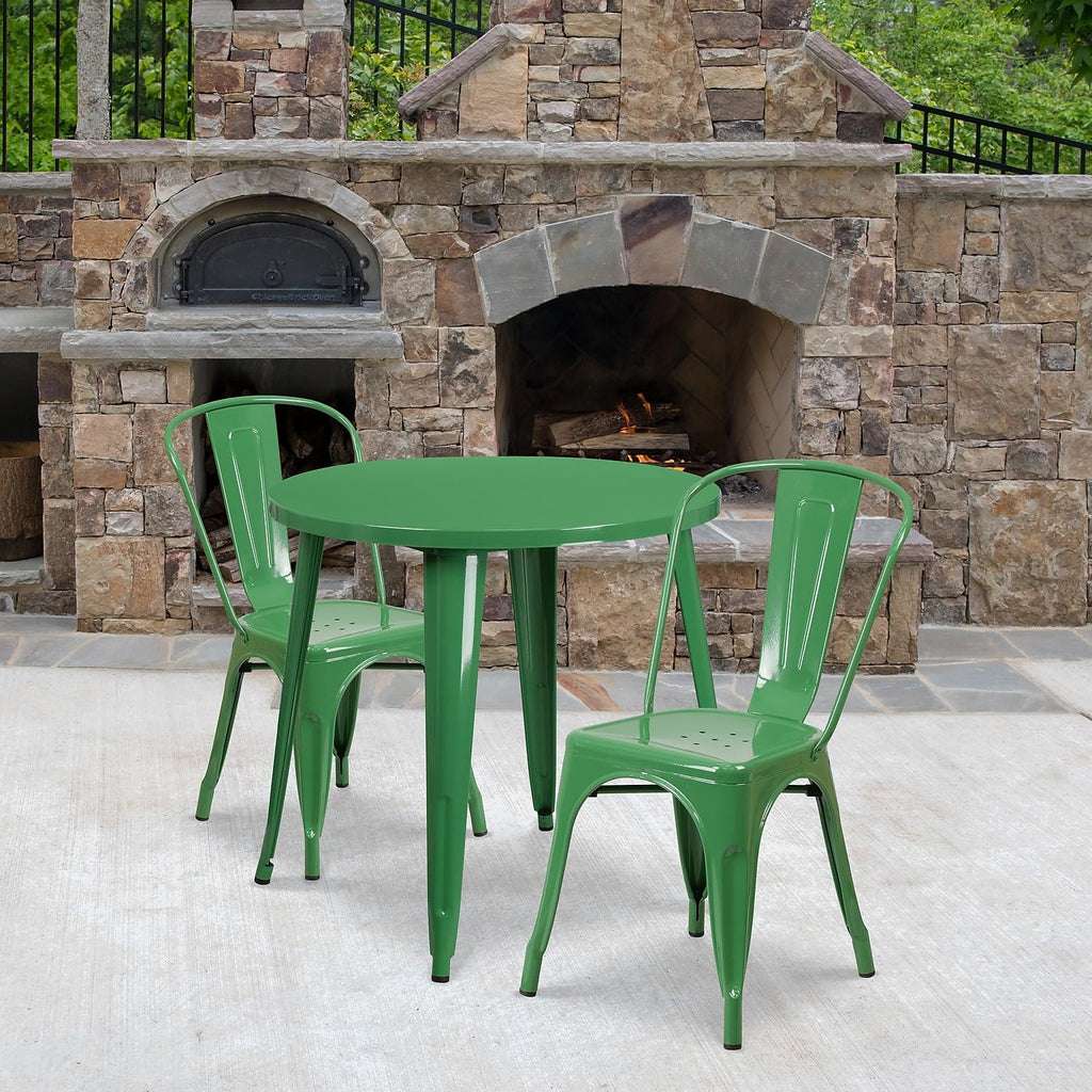 Flash Furniture Commercial Grade 30" Round Green Metal Indoor-Outdoor Table Set with 2 Cafe Chairs
