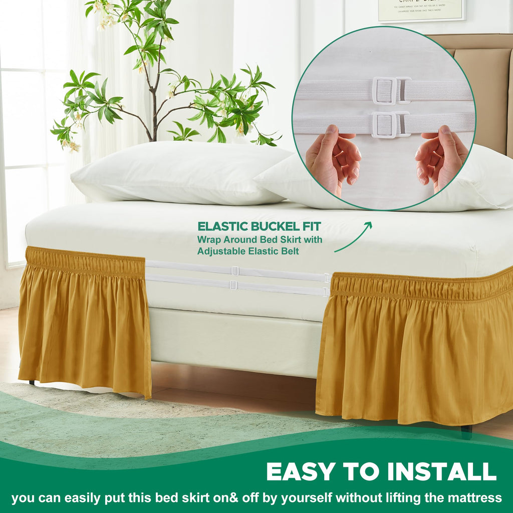Biscaynebay Wrap Around Bed Skirts For King & Cal King Beds 16' Drop, Gold Adjustable Elastic Dust Ruffles Easy Fit Wrinkle Resistant Silky Luxurious Fabric Machine Washable