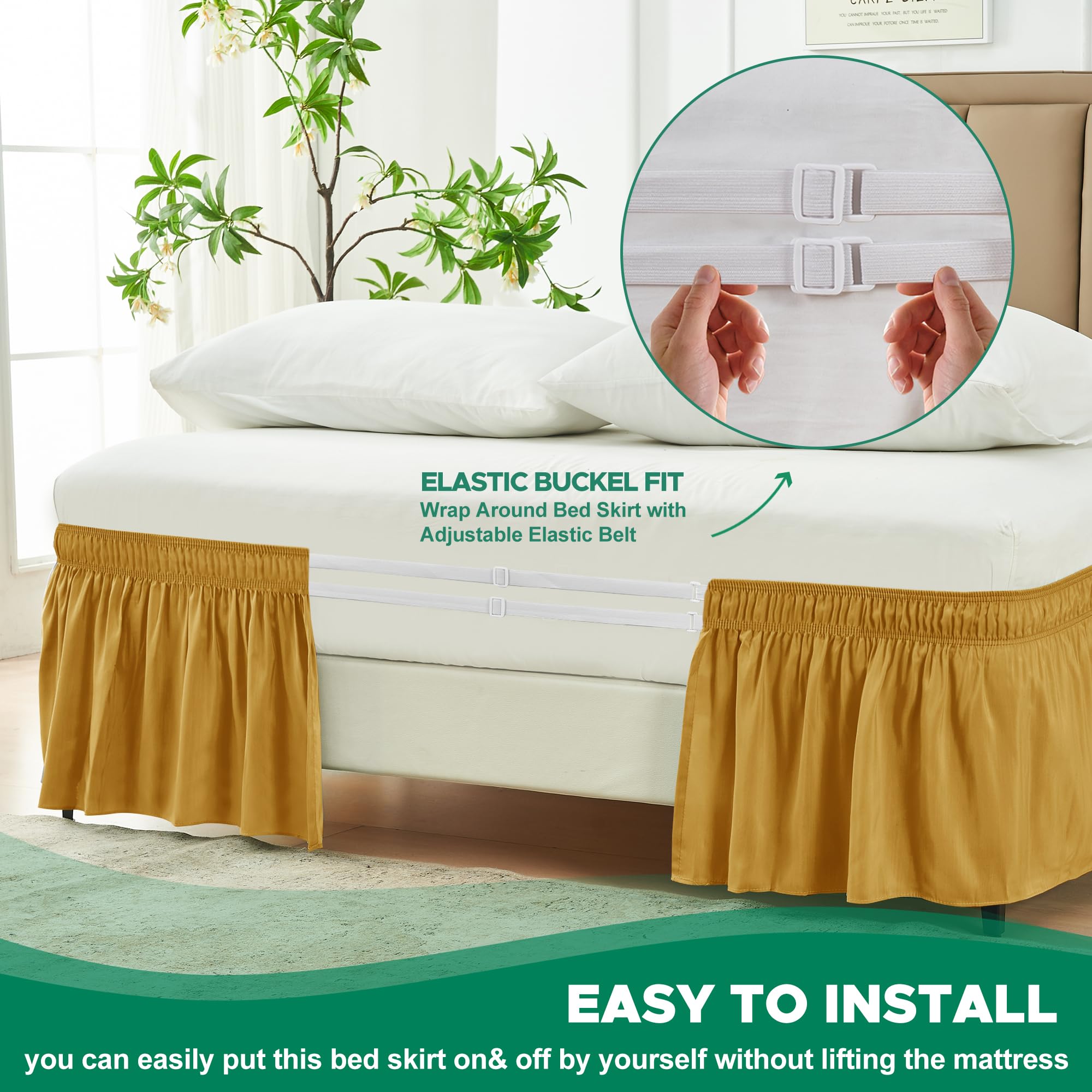 Biscaynebay Wrap Around Bed Skirts For King & Cal King Beds 16' Drop, Gold Adjustable Elastic Dust Ruffles Easy Fit Wrinkle Resistant Silky Luxurious Fabric Machine Washable