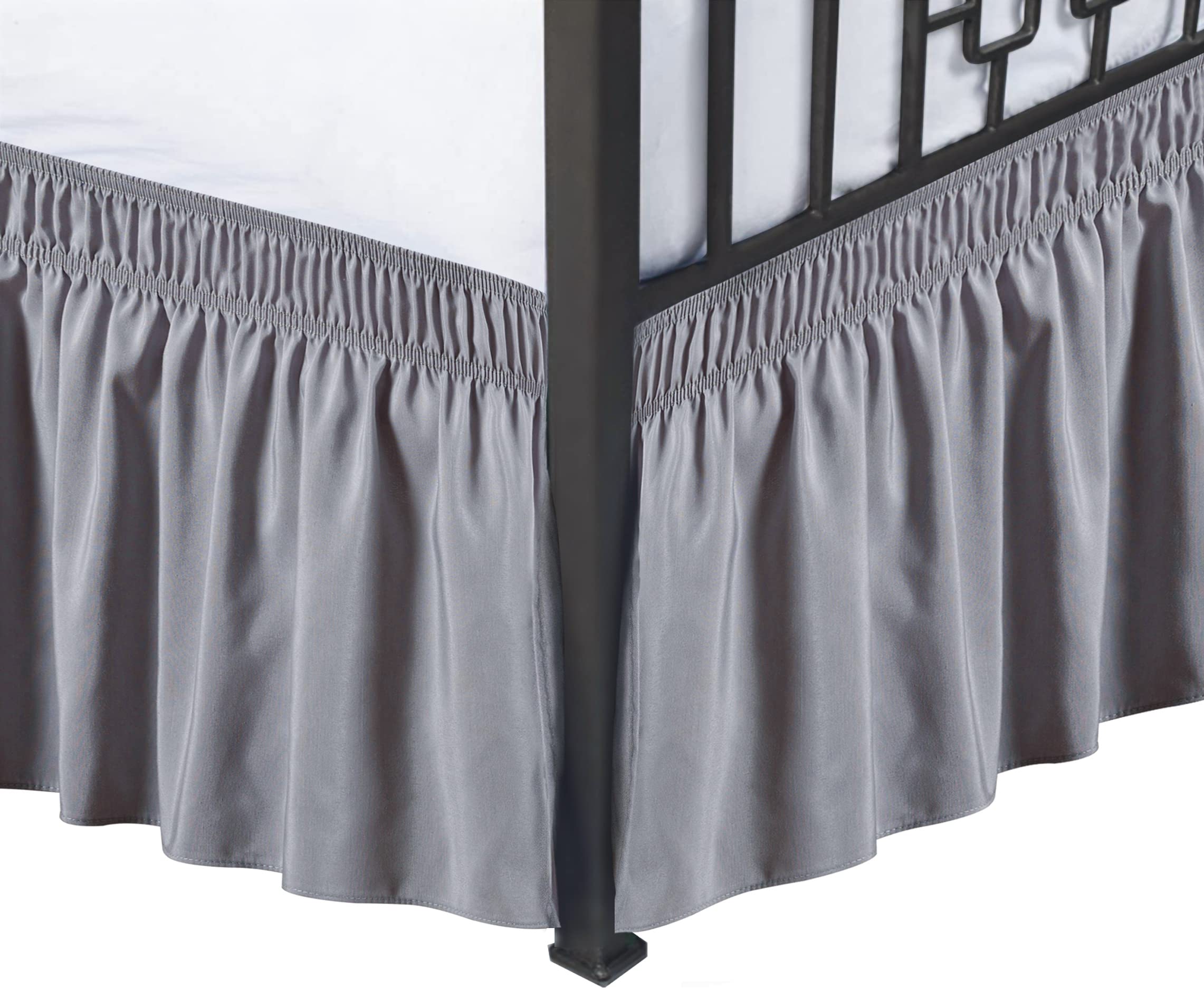 Biscaynebay Wrap Around Bed Skirts With Split Corners For Queen Beds 18' Drop, Silver Grey Elastic Dust Ruffles Easy Fit Wrinkle & Fade Resistant Silky Luxurious Fabric Solid Machine Washable