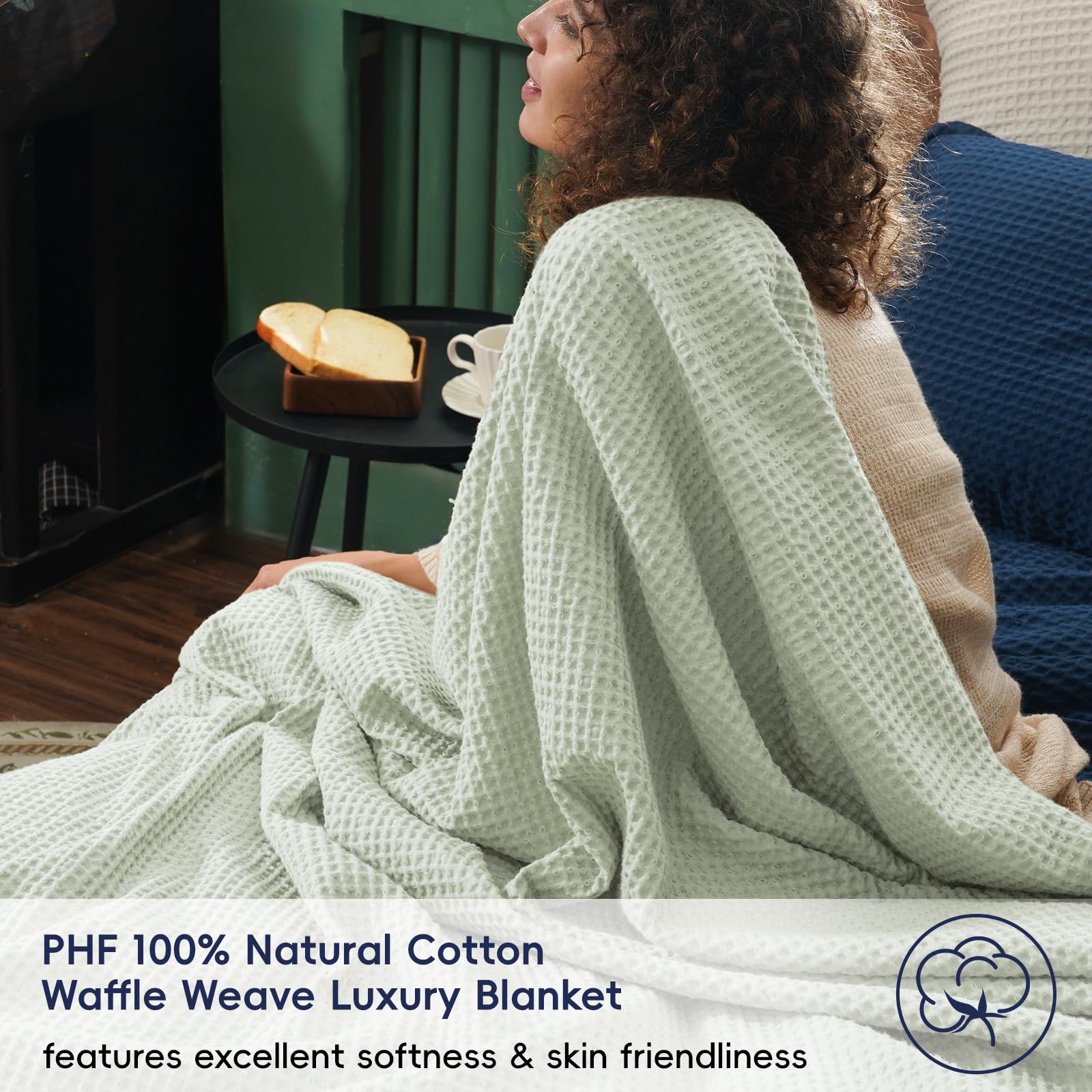 Phf 100% Cotton Waffle Weave Blanket Twin Size 66'X90' - Lightweight Cozy Washed Soft Breathable Throw Blanket - Great Blanket Layer For Couch Bed Sofa - Elegant Aesthetic Home Decoration - Sage Green