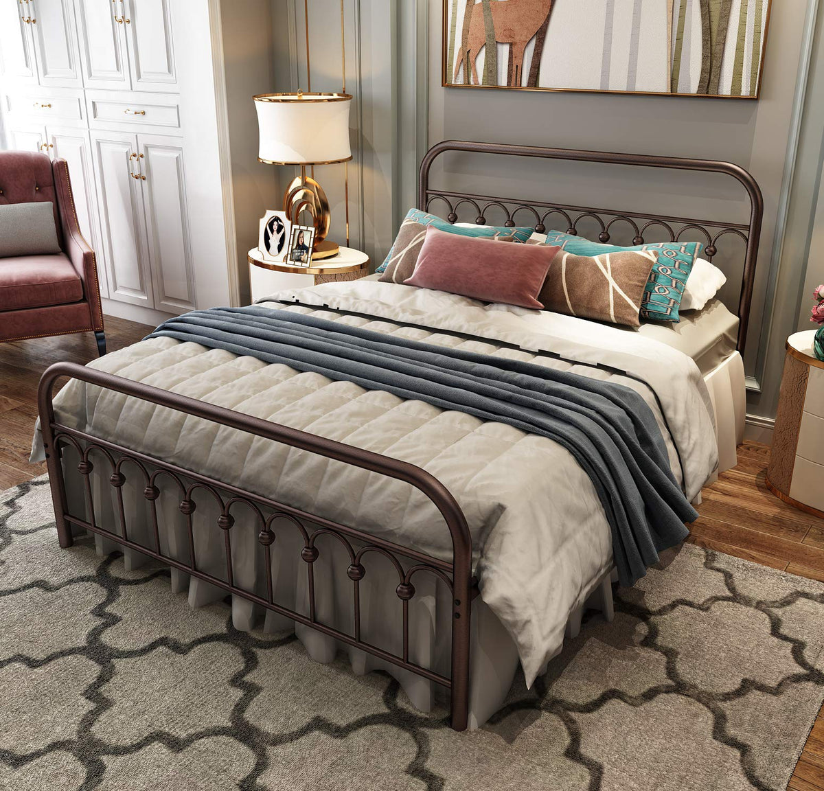 Tuseer Metal Bed Frame Queen Size With Vintage Headboard And Footboard Platform Base Wrought Iron Double Bed Frame (Queen, Antiq