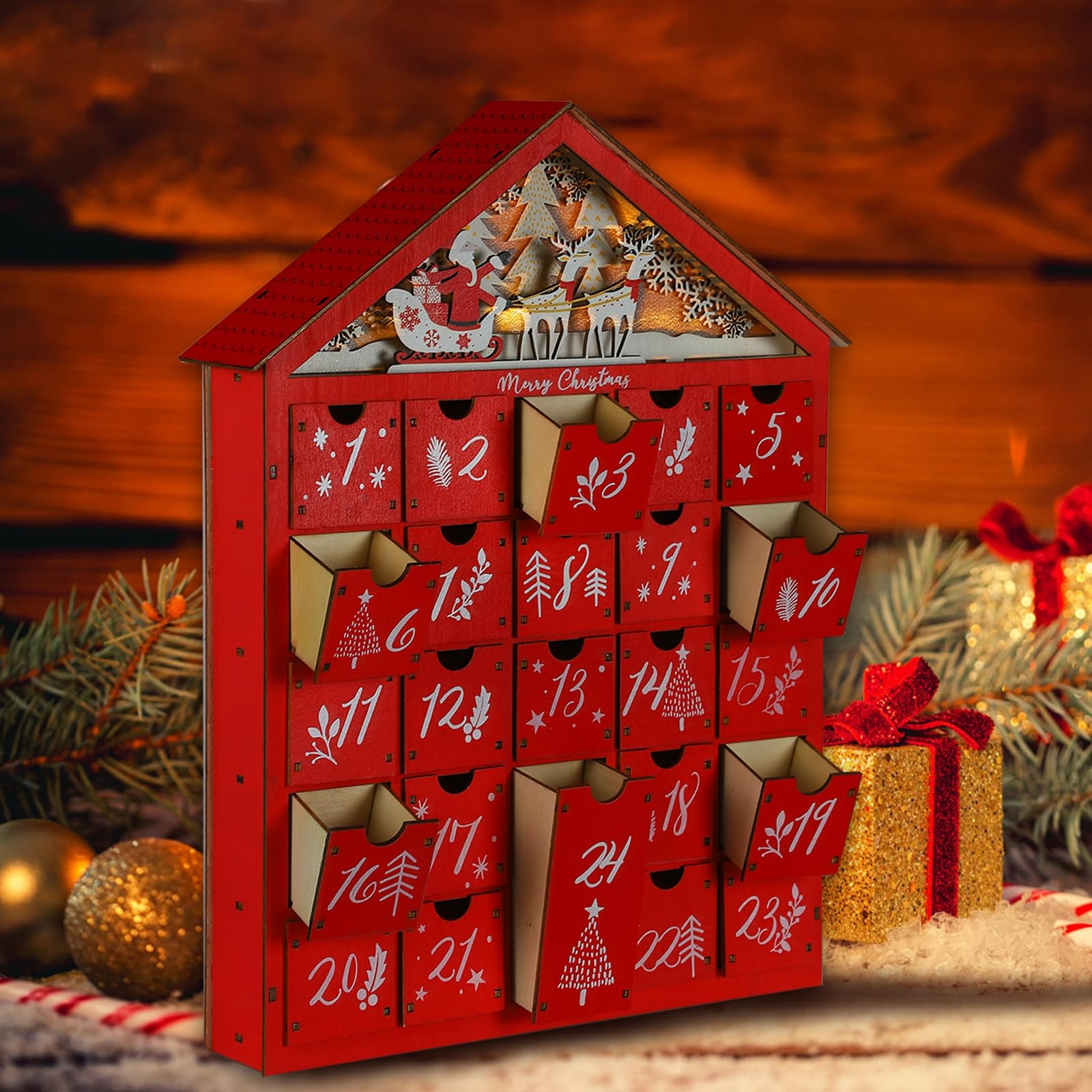 MorTime Lighted Wooden Advent Calendar with 24 Drawers, Red House Design, Christmas Decoration, Model T-FD-228