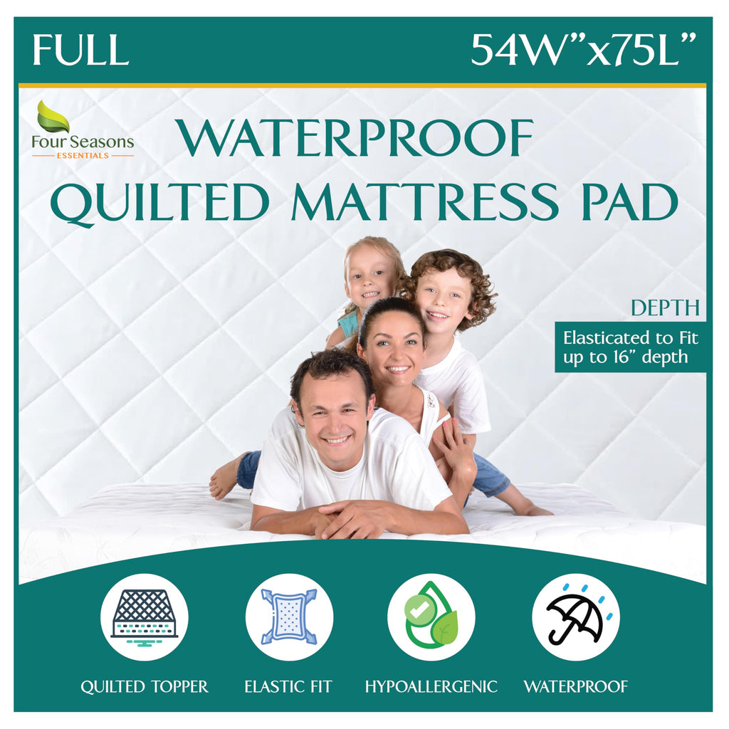 Full Size Quilted Mattress Pad - Fitted Waterproof Mattress Protector, Pillow Top Mattress Topper, Premium Quality Hypoallergeni