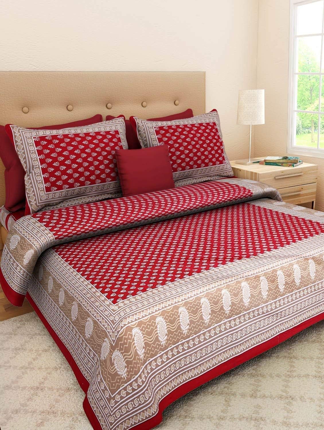 JAIPUR PRINTS King Size Bedsheet | Cotton Flatsheet King Size with Two Pillow Covers| Super Soft Bed Sheet for King Size Bed | F