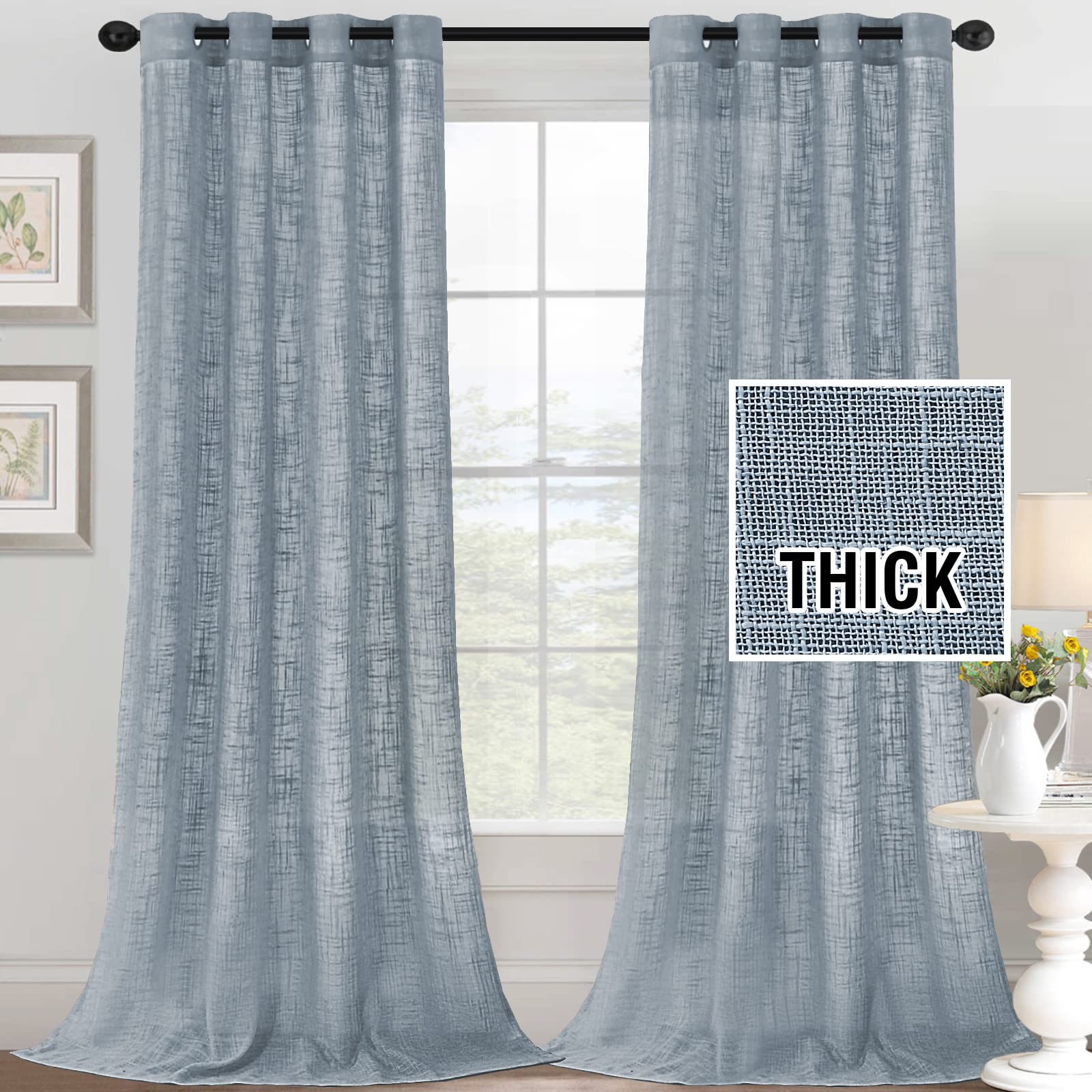H.Versailtex Linen Curtains Natural Linen Blended For Living Room Burlap Linen Textured Light Filtering Nickel Grommet Curtains
