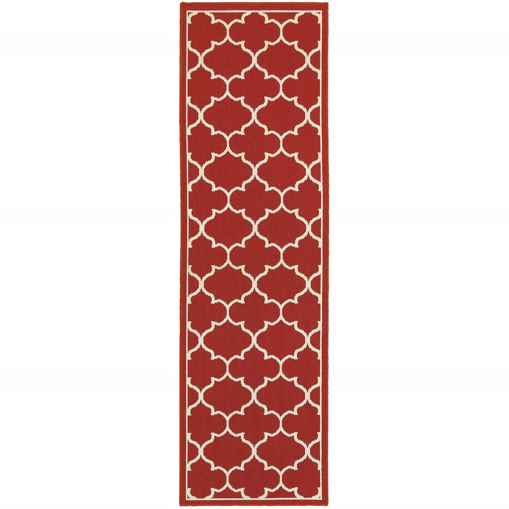 HomeRoots Polypropylene 2’x8’ Red and Ivory Trellis Indoor Outdoor Runner Rug