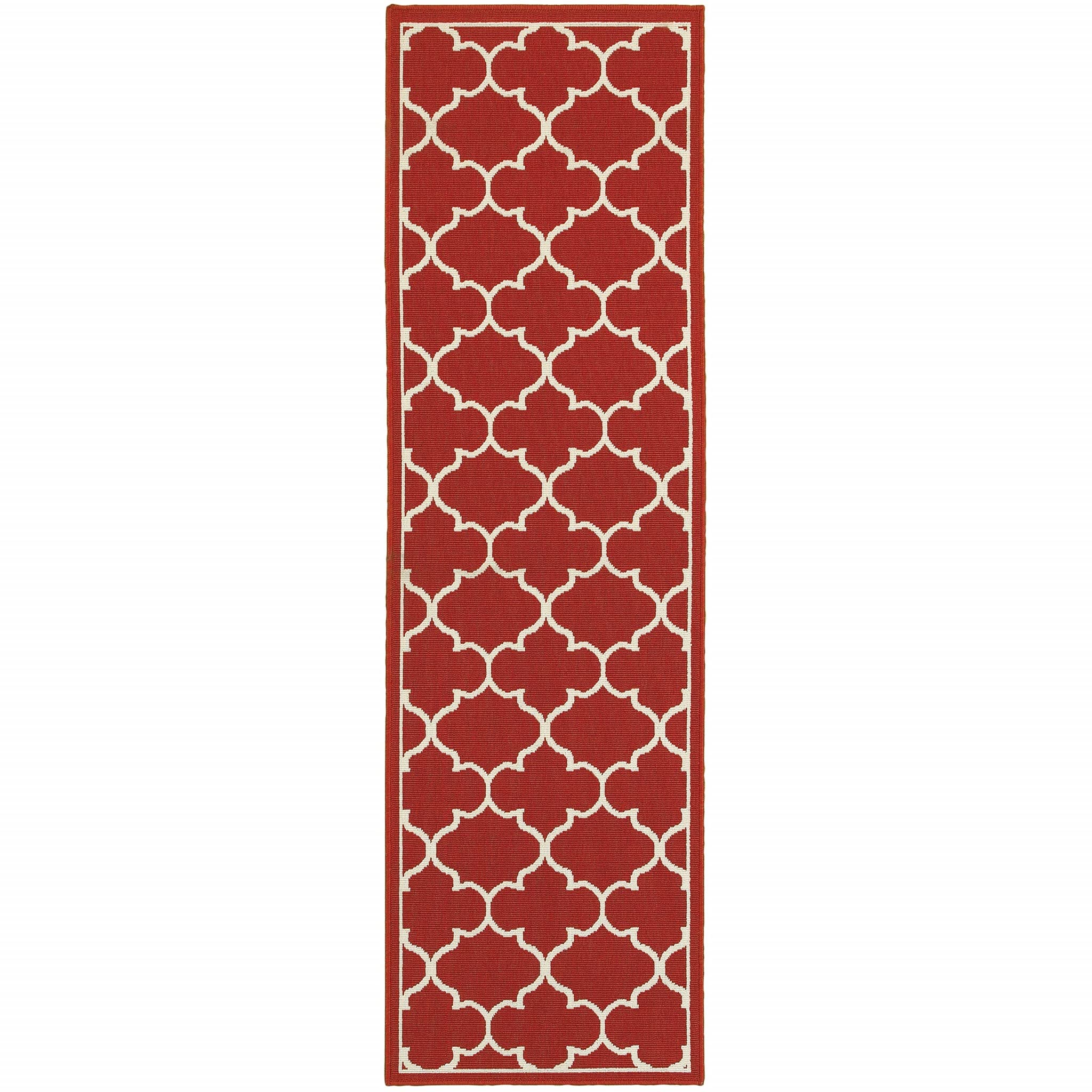 HomeRoots Polypropylene 2’x8’ Red and Ivory Trellis Indoor Outdoor Runner Rug