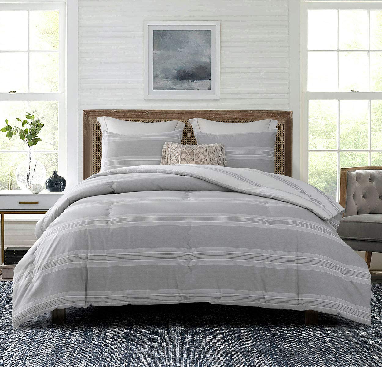 Sleepbella Comforter Queen Size, 600 Thread Count Cotton Light Gray & White Stripes Reversible Pattern Grey Comforter Sets,Down