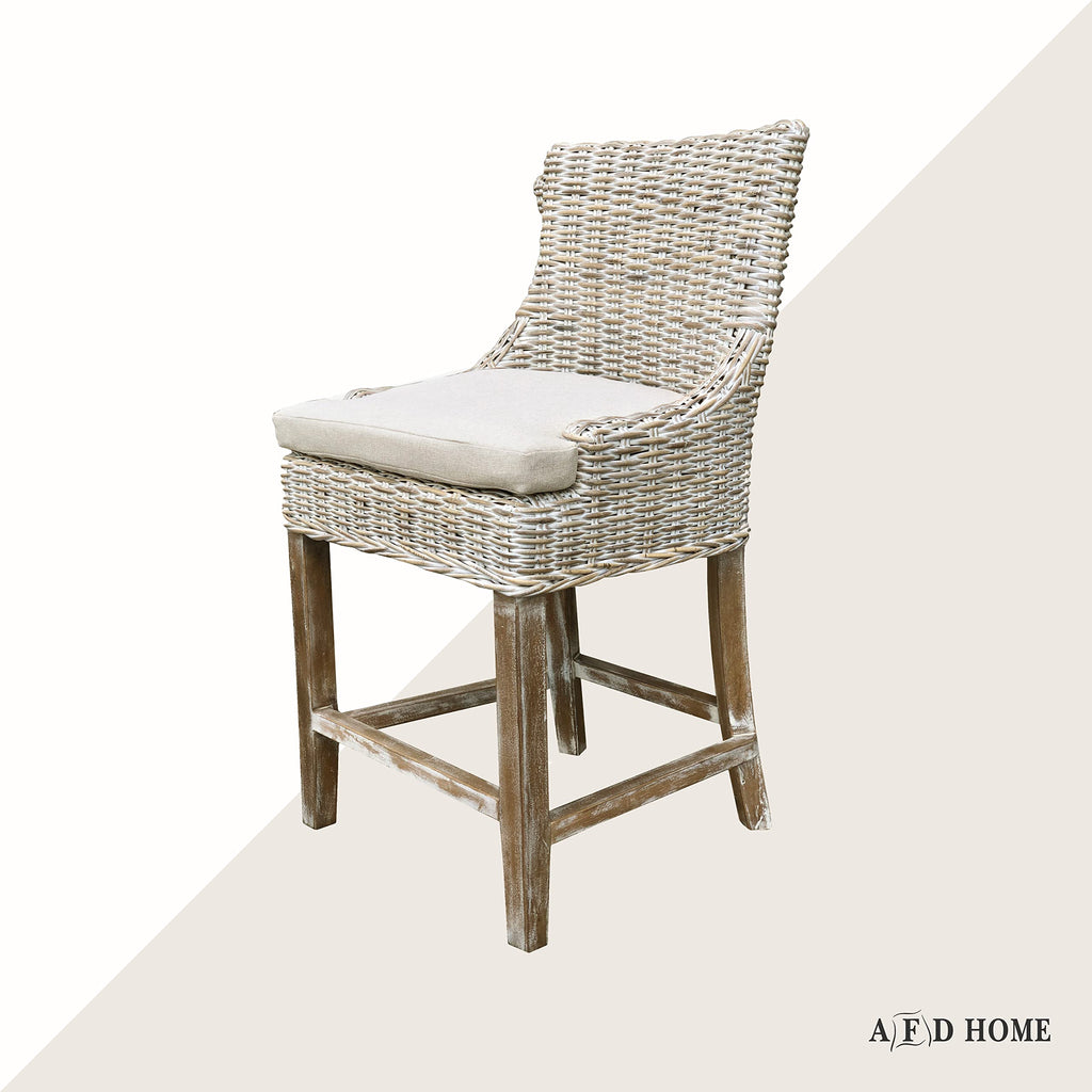 AFD Home Alfresco Kuba-Weave Counter Stool, Wooden, Off White, 23 Inch Seat Height