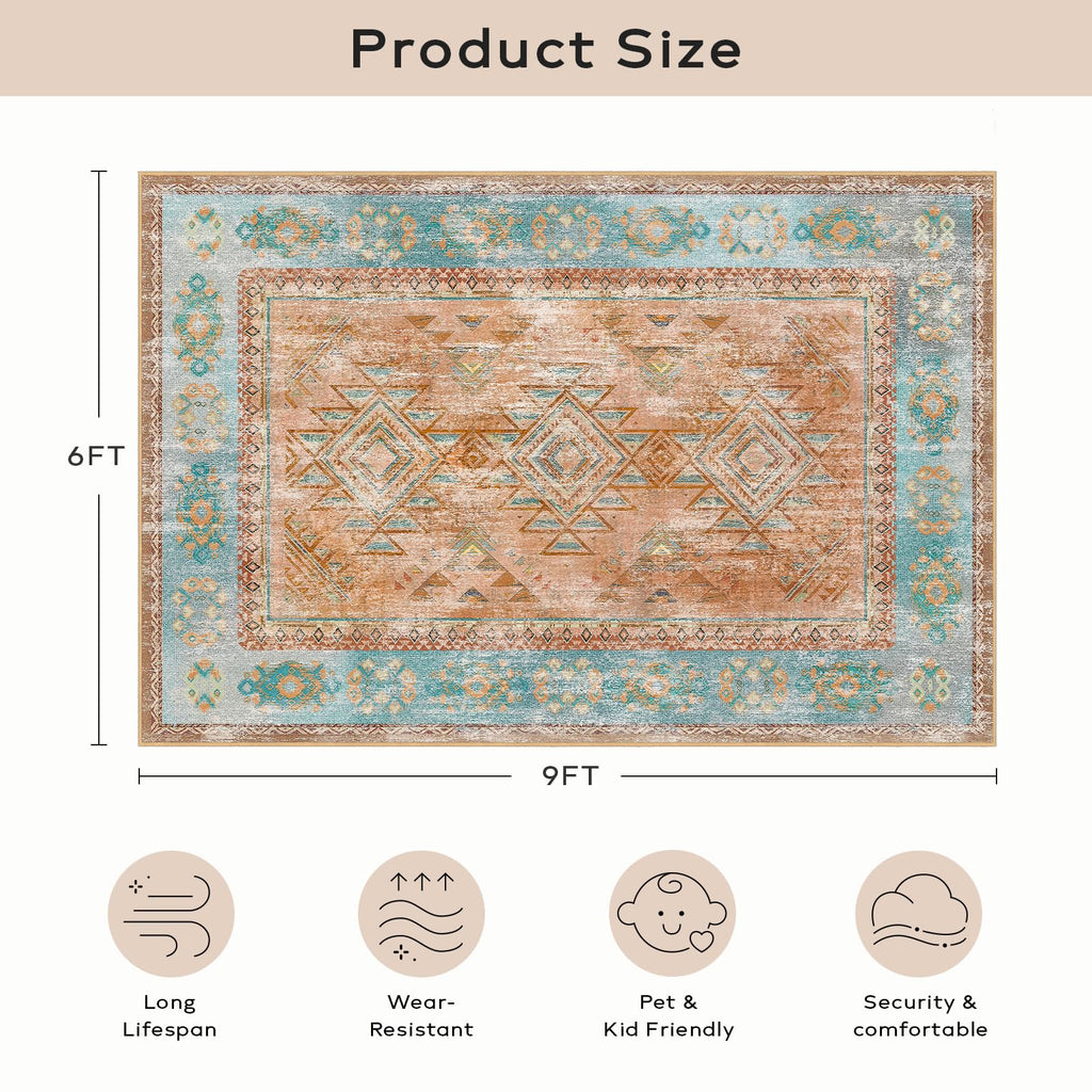 Ashler Boho Rug, 6X9 Area Rugs, Vintage Rugs, Large Area Rug, Rugs For Living Room, Bedroom, Kitchen, Dinner, Orange/Teal/Terrac