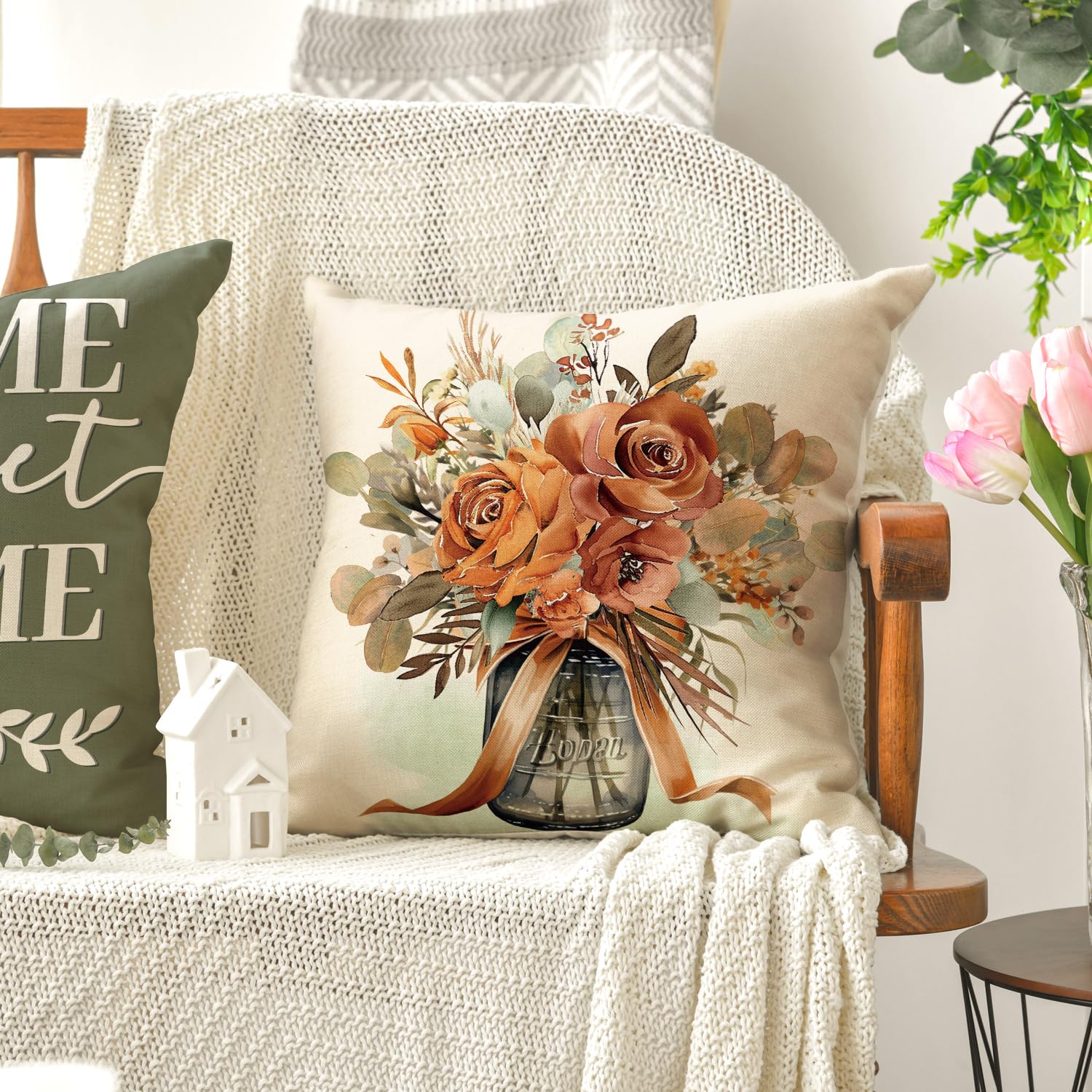 Avoin Colorlife Home Sweet Home Terracotta Sage Throw Pillow Covers, 20 X 20 Inch Seasonal Spring Fall Motto Cushion Case For So