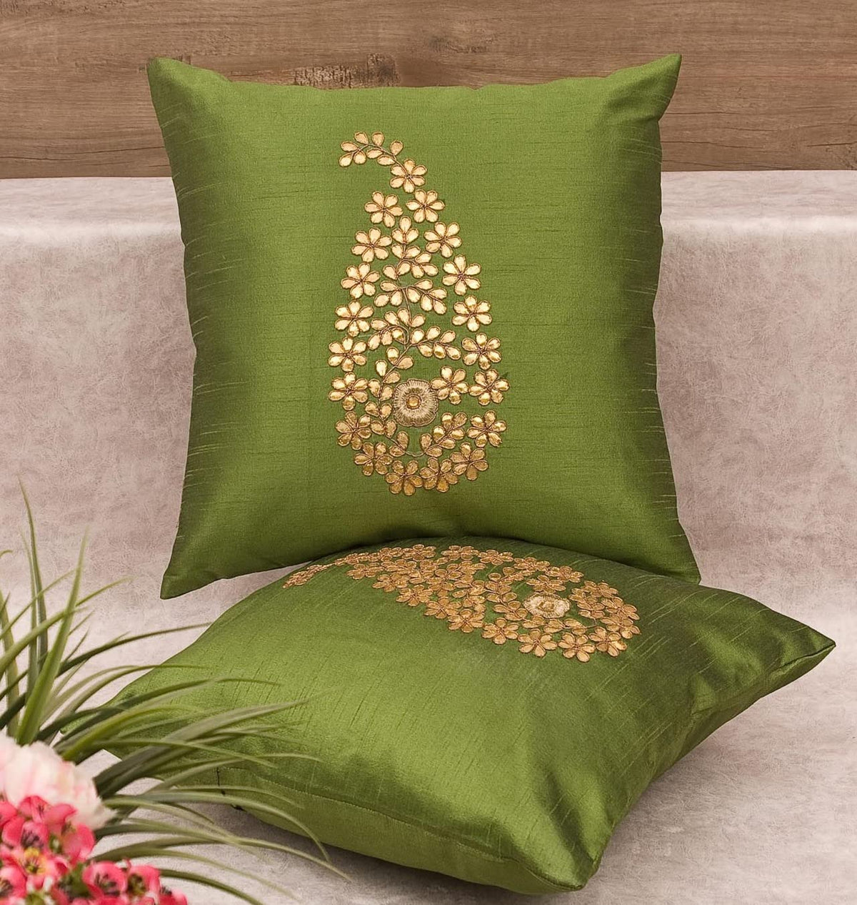 Royal Decofurnishing Golden Paisley Leaf (Raw Mango/Ambi/Kairi) Gota Patti Hand Embroidered Cushion Covers (Olive Green, 16X16