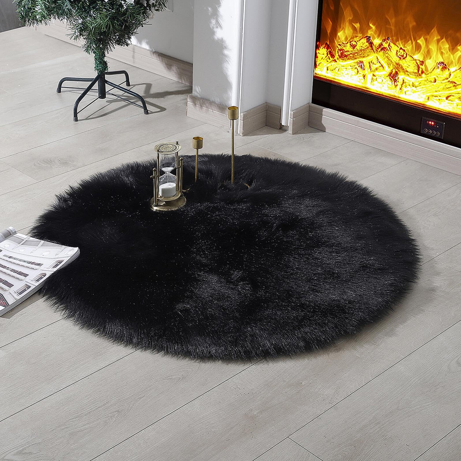 linmopm Faux Fur Rug Sheepskin Shag Fluffy Fuzzy Black 3x3 ft Rugs for Bedroom Bedside Bed Floor Living Room Plush Round High-De