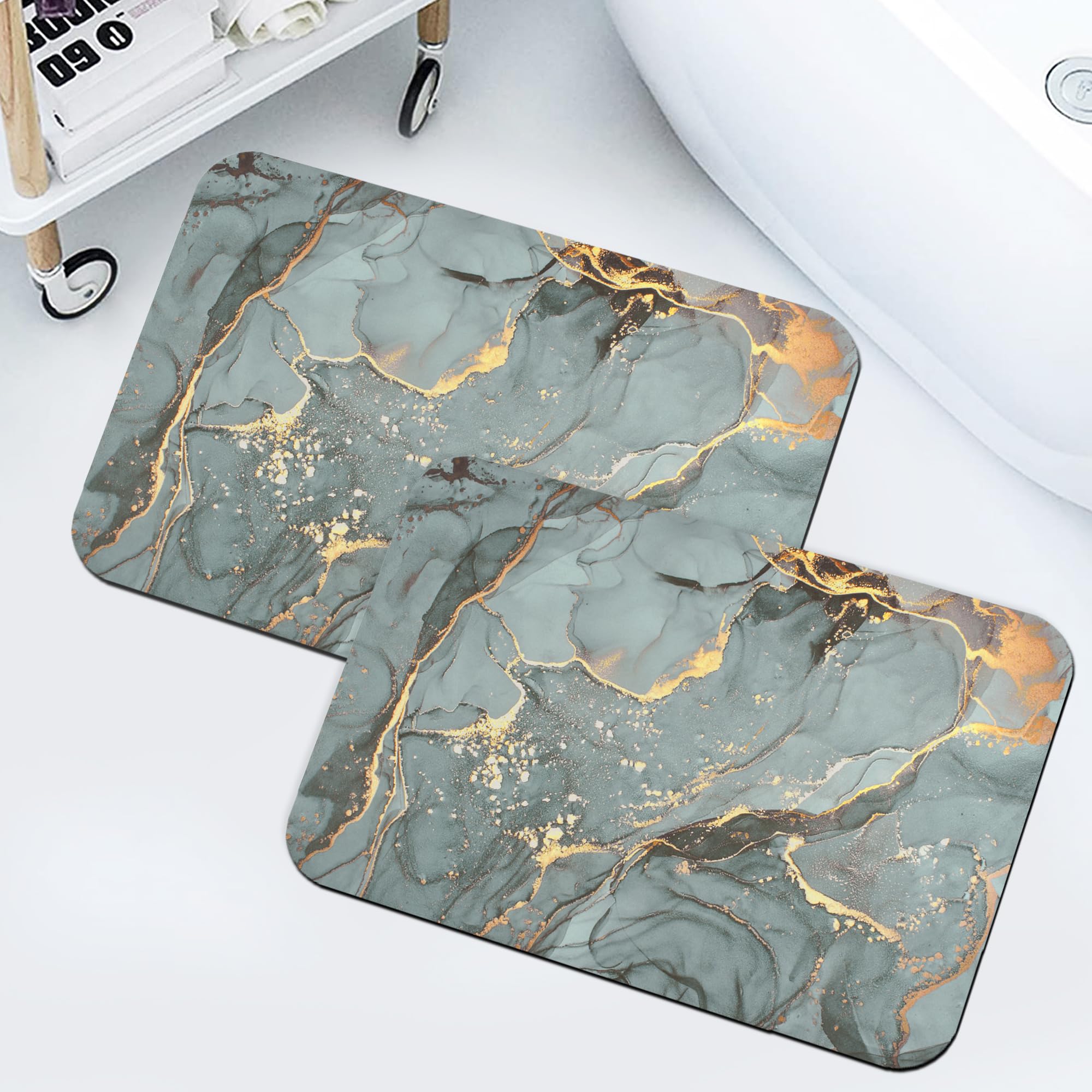 Story@Home Bathroom Mat Set Of 2, AntiSkid Nappa Leather Bathroom Mats Water Soak, 60X40 Cm, Greyish Green Water Color Design, 