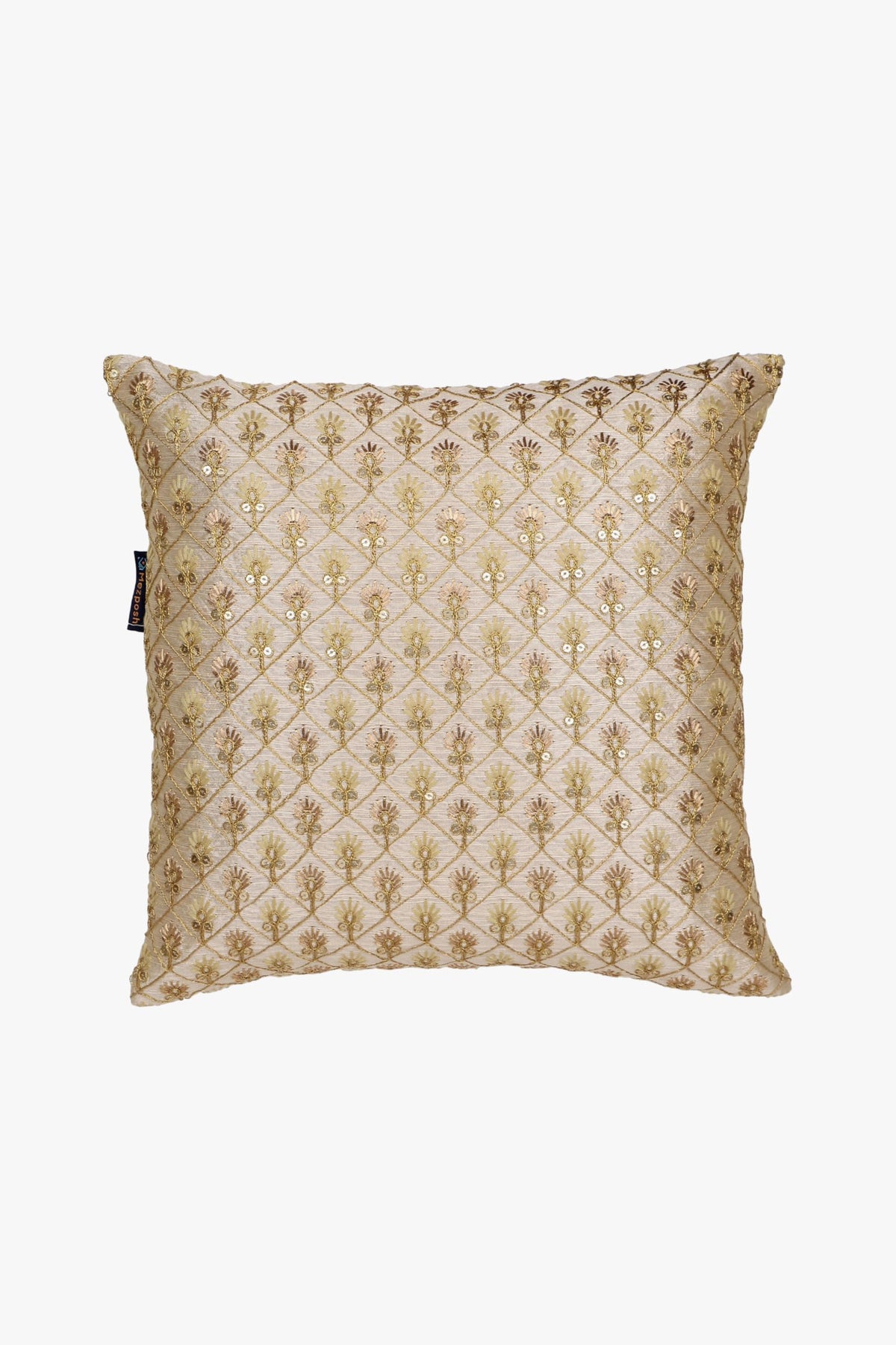 Mezposh Beige & Gold Embroidered Faux Silk Cushion Cover (16X16)