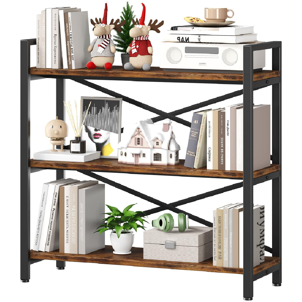 Homeiju 3 Tier Bookshelf 31.49'' Width, Wood And Metal Etagere Bookcase, Vintage Farmhouse Modern Wooden Big Book Shelf For Home