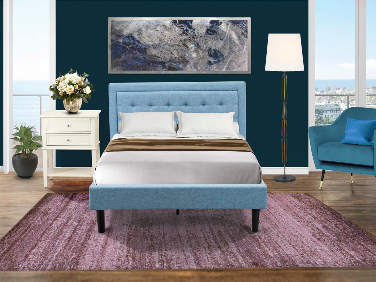 East West Furniture FN11F-1VL0C 2-Piece Platform Full Size Bedroom Set with 1 Mid Century Bed and a Bedroom Nightstand - Reliable and Durable Construction - Denim Blue Linen Fabric
