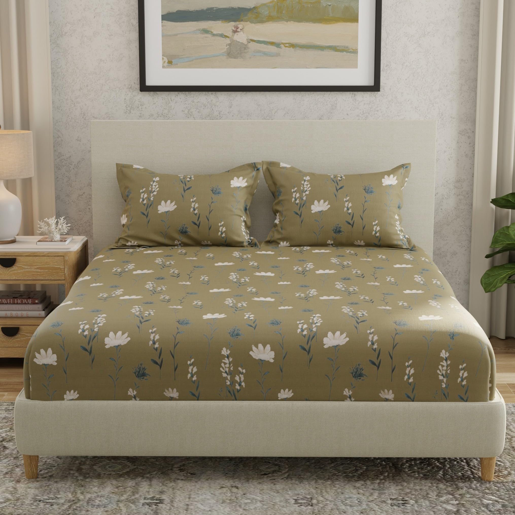 Huesland By Ahmedabad Cotton 144 Tc Double Bedsheet Cotton With 2 Pillow Covers | Olive Green, White & Grey