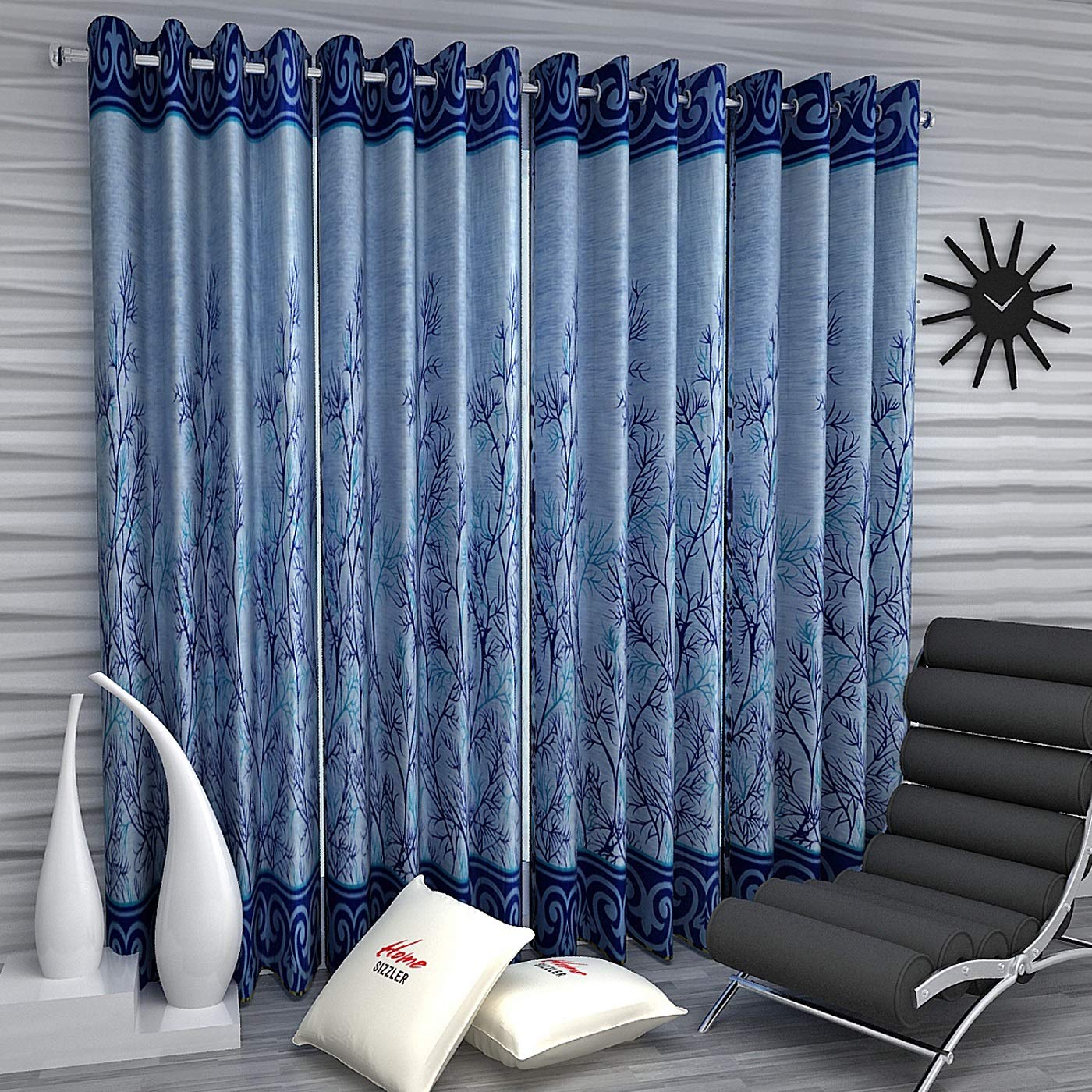 Home Sizzler 4 Piece Elegant Panel Eyelet Polyester Door Curtains  7 Feet, Blue