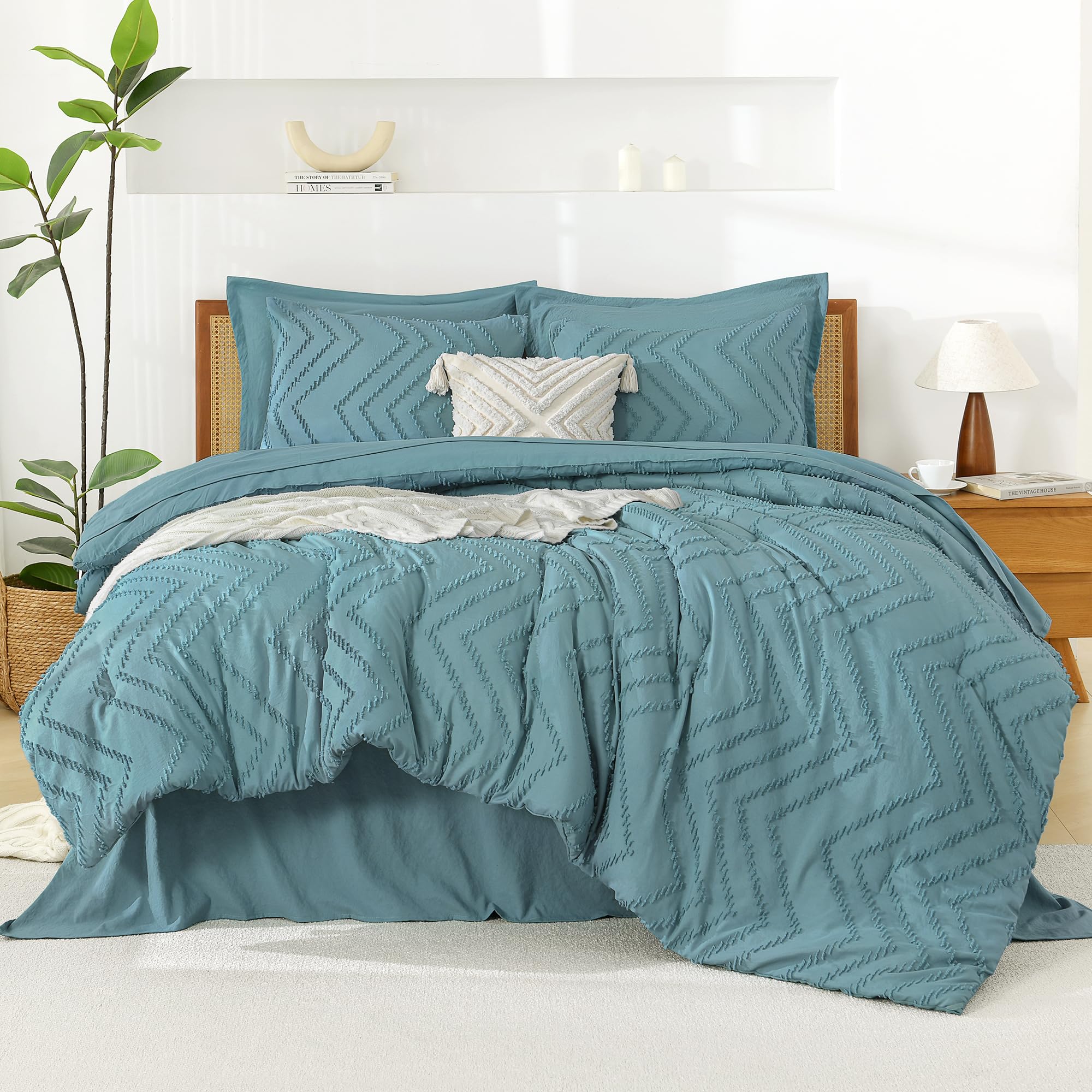 Litanika Grayish Teal Full Size Comforter Set With Sheets - 7 Pieces Bed In A Bag Full Boho Tufted Complete Beddding Sets With C