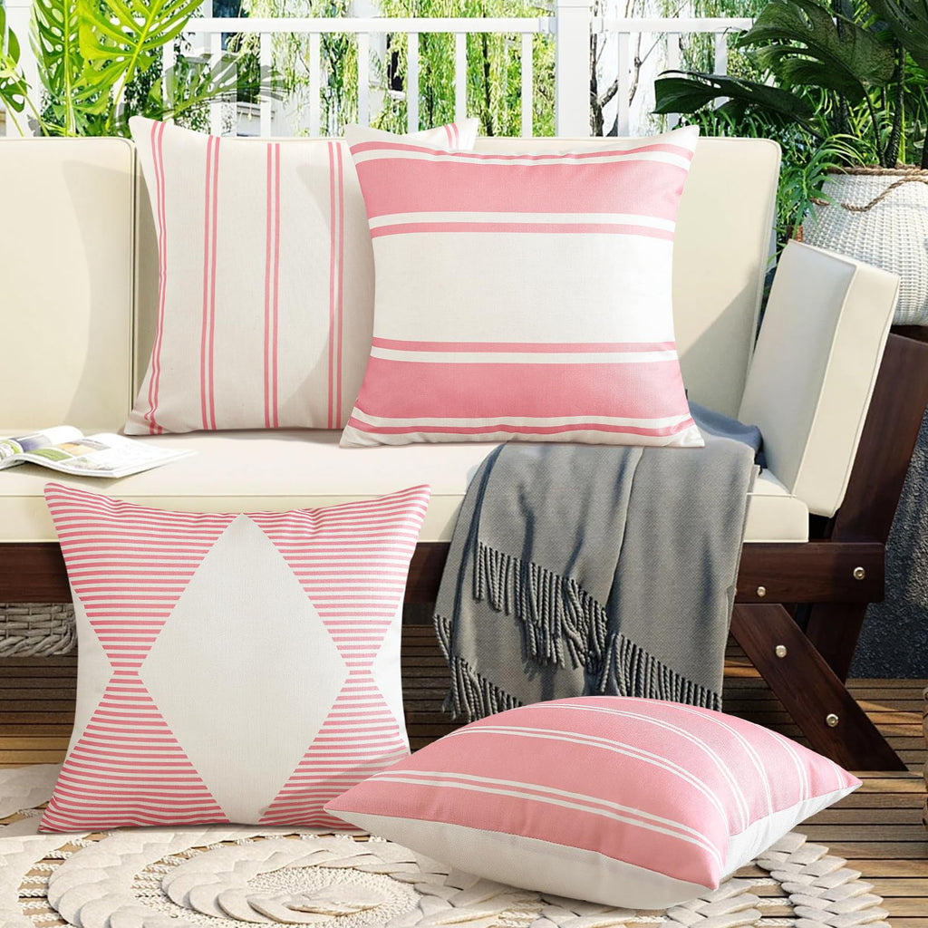 Otostar Decorative Outdoor Throw Pillow Covers 16X16 Inch Waterproof Geometry Pillow Cover Garden Cushion Case Patio Outdoor Pillows Shell For Couch Indoor Tent Park Furniture Balcony Set Of 4 (Pink)
