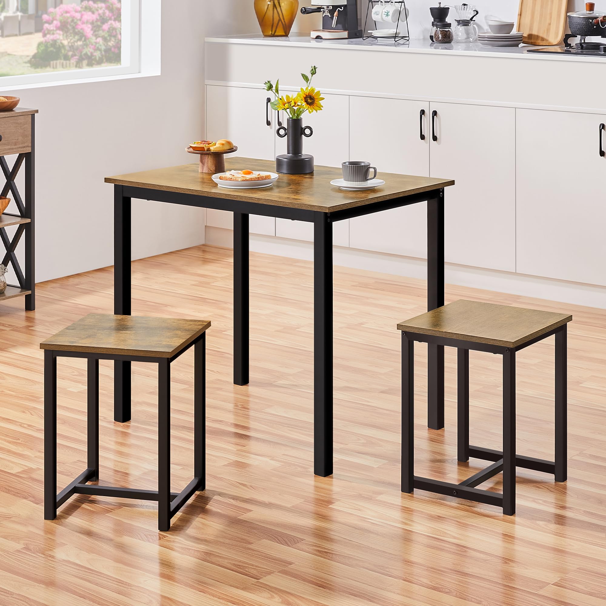 Yaheetech Industrial Dining Kitchen Table Set For 2 Breakfast Nook Table W/ 2 Stools For Dining Room Kitchen Small Space, Rustic Brown
