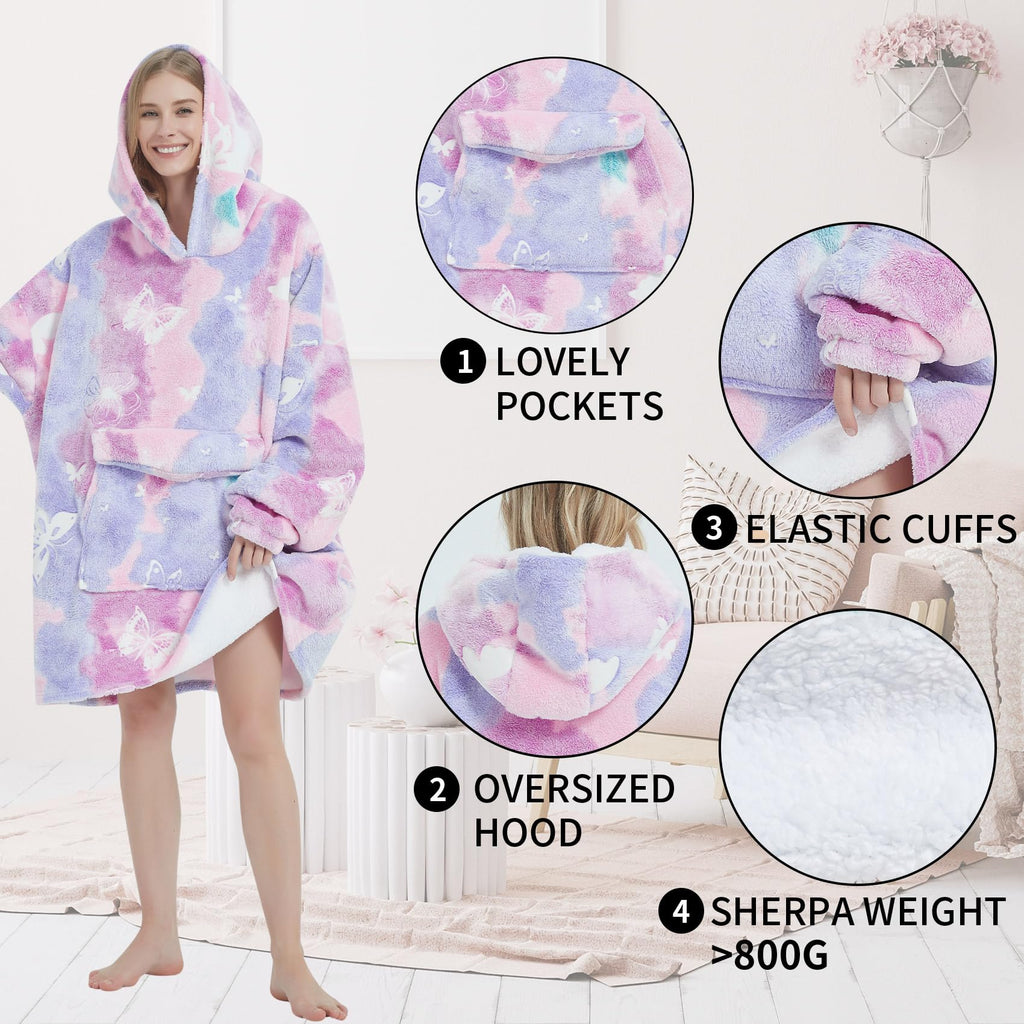 Fiosnow Glow In The Dark Butterfly Blanket Hoodies For Women And Men Adult Oversize Wearable Blanket Hoodies For Soft And Warm