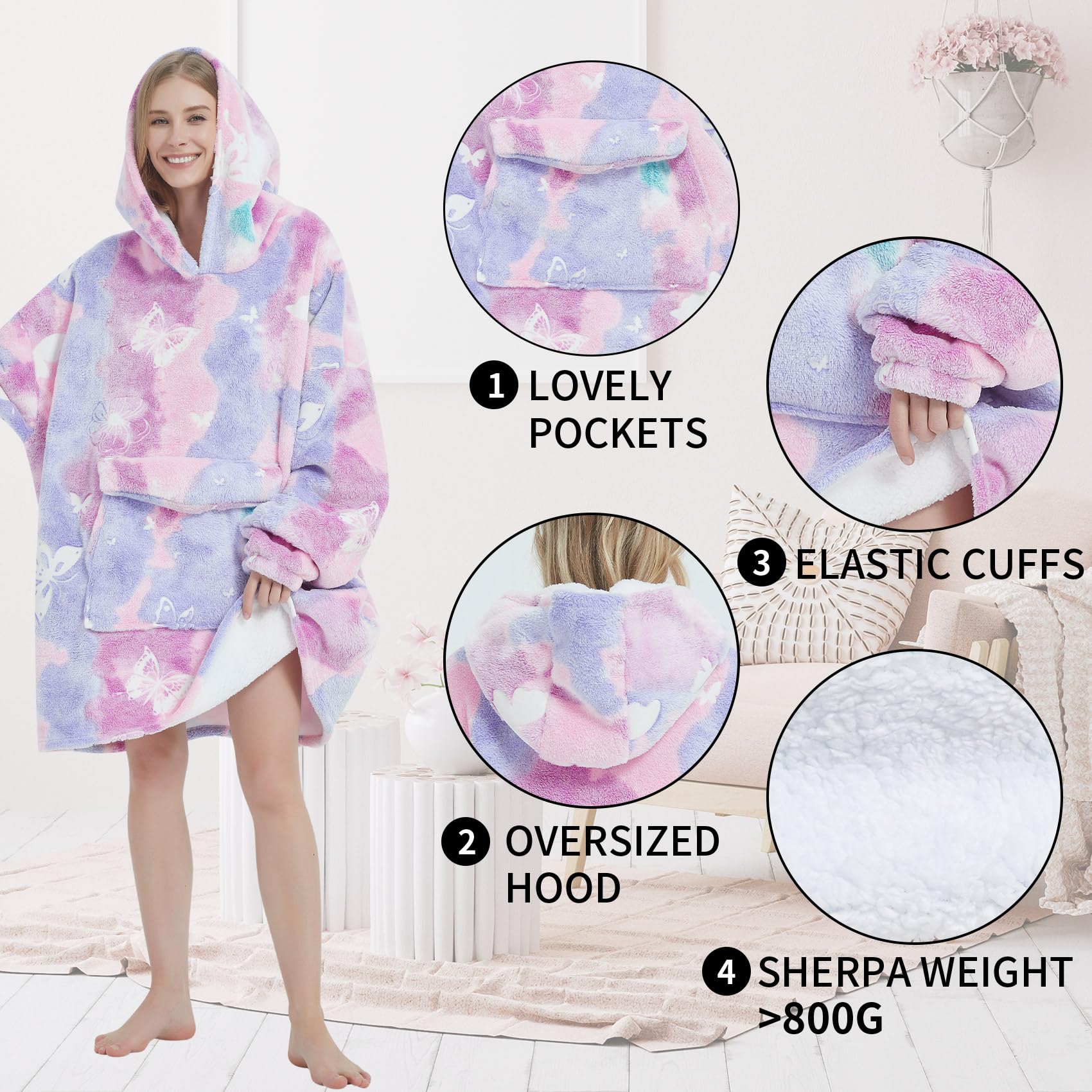 Fiosnow Glow In The Dark Butterfly Blanket Hoodies For Women And Men Adult Oversize Wearable Blanket Hoodies For Soft And Warm