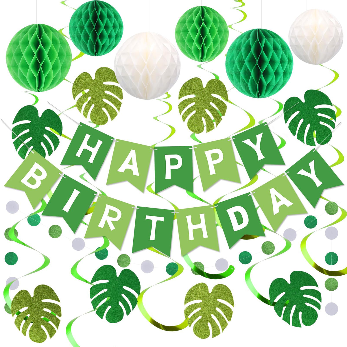 Green Birthday Party Decorations for Boys and Girls  Happy Birthday Banner with Honeycomb Balls, Palm Leaves Hanging Swirl Stre