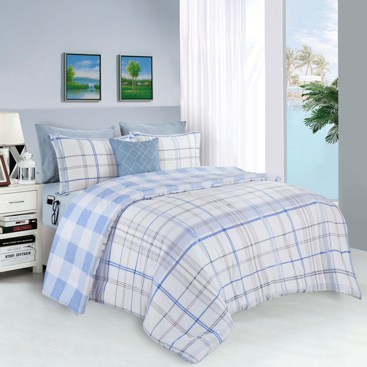 Elegant Comfort Silky Soft 8-Piece Plaid Lodge Bed-In-A-Bag Comforter Set, Includes 4Pc Smart Sheet Set, Comforter, Decorative Pillow, Matching Pillowcases And Shams - King/California King, Aqua