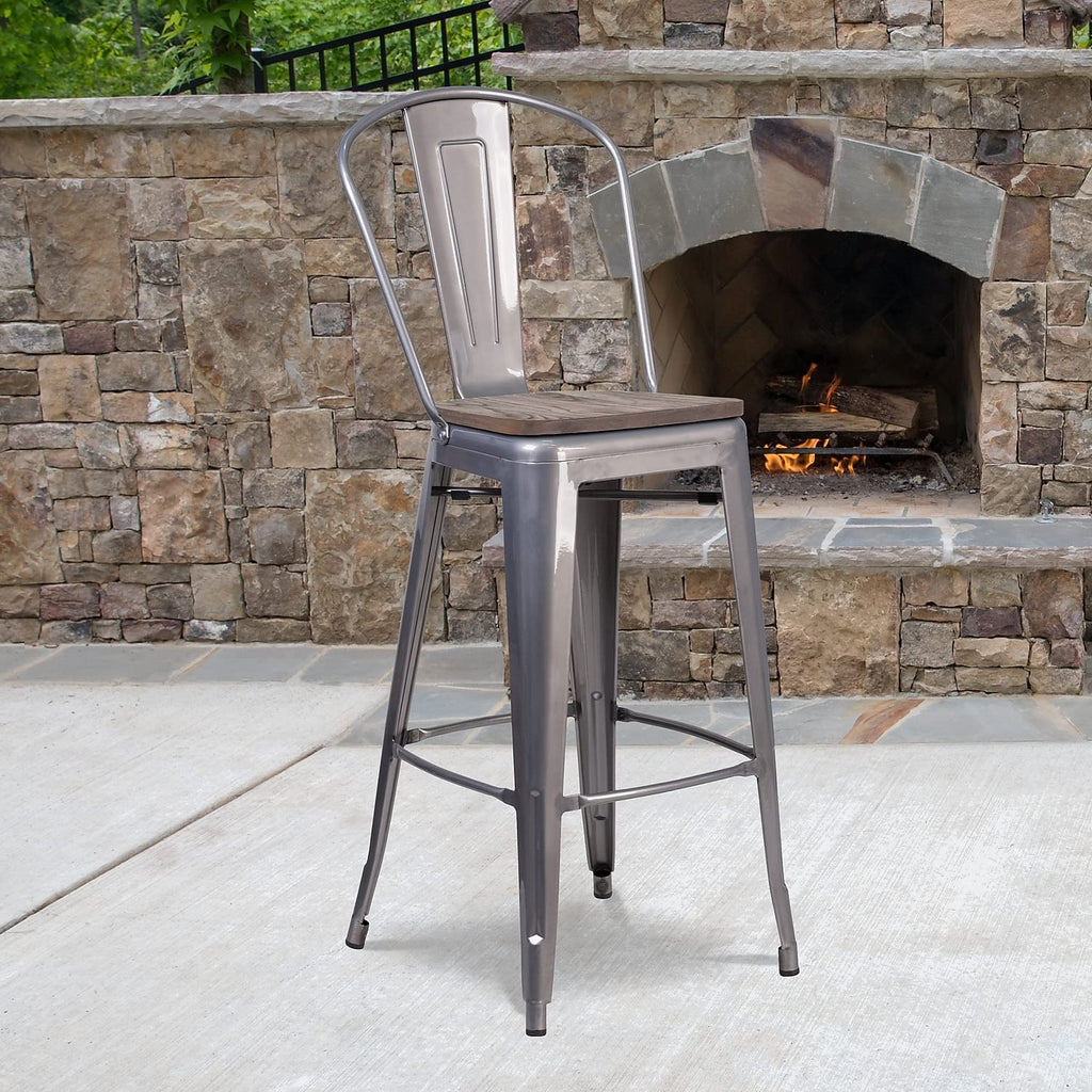 Flash Furniture Lily 30" High White Metal Barstool With Back And Wood Seat
