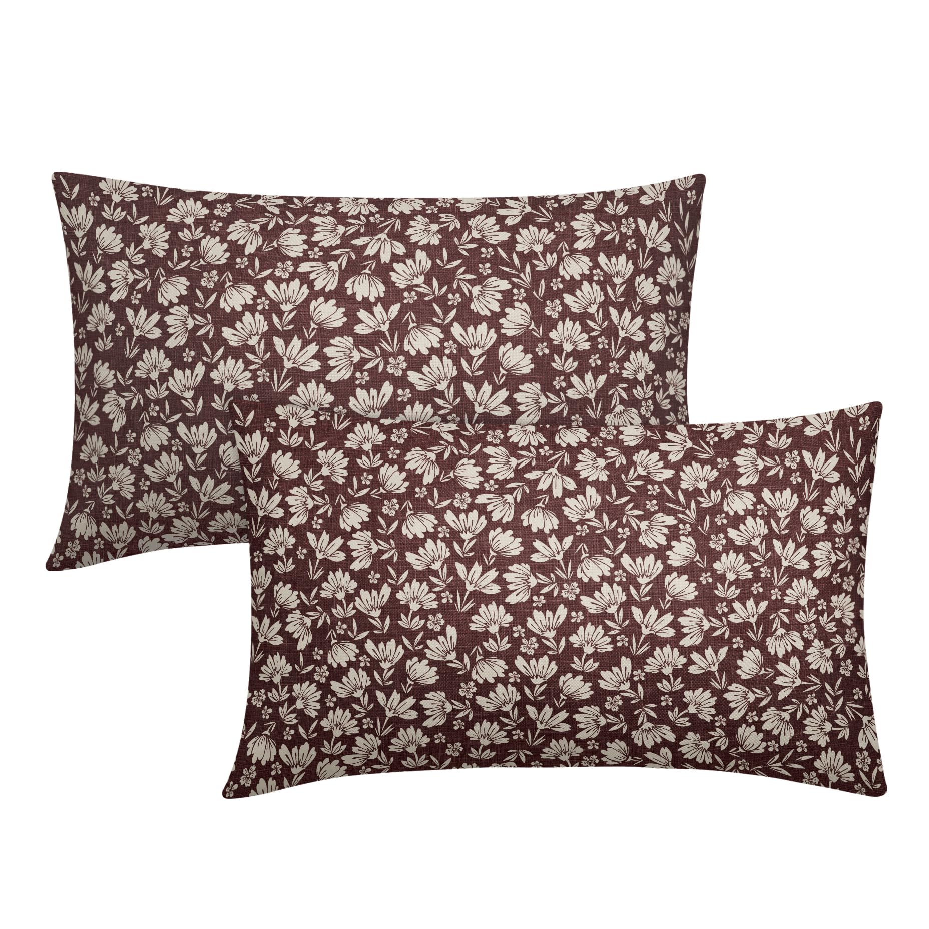 Burgundy Beige Daisy Floral Lumbar Pillow Covers 12X20 Inch Vintage Flowers Pillow Cases Set Of 2 Block Print Cotton Linen Throw