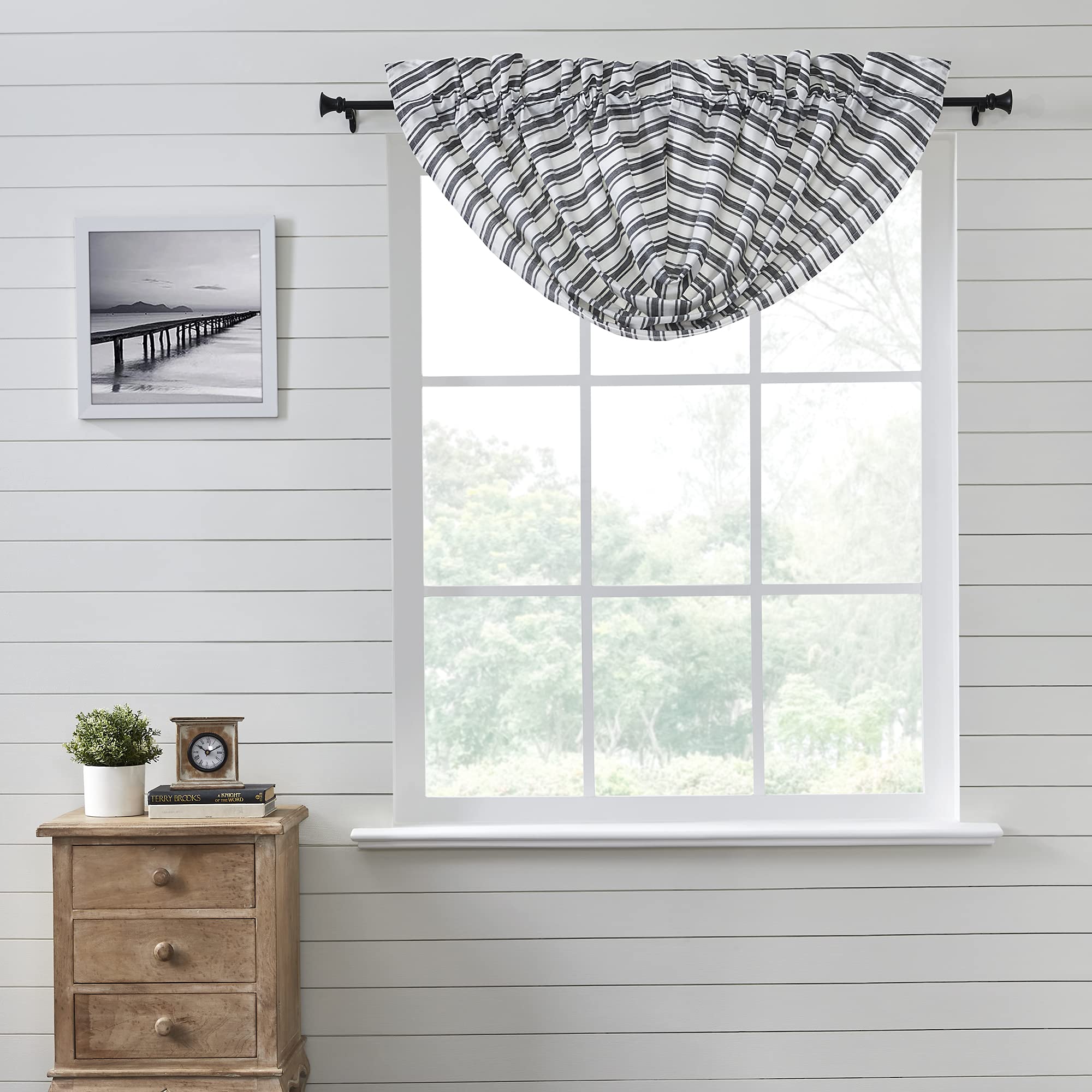 Vhc Brands Sawyer Mill Ticking Stripe Balloon Valance, Black, 15X61