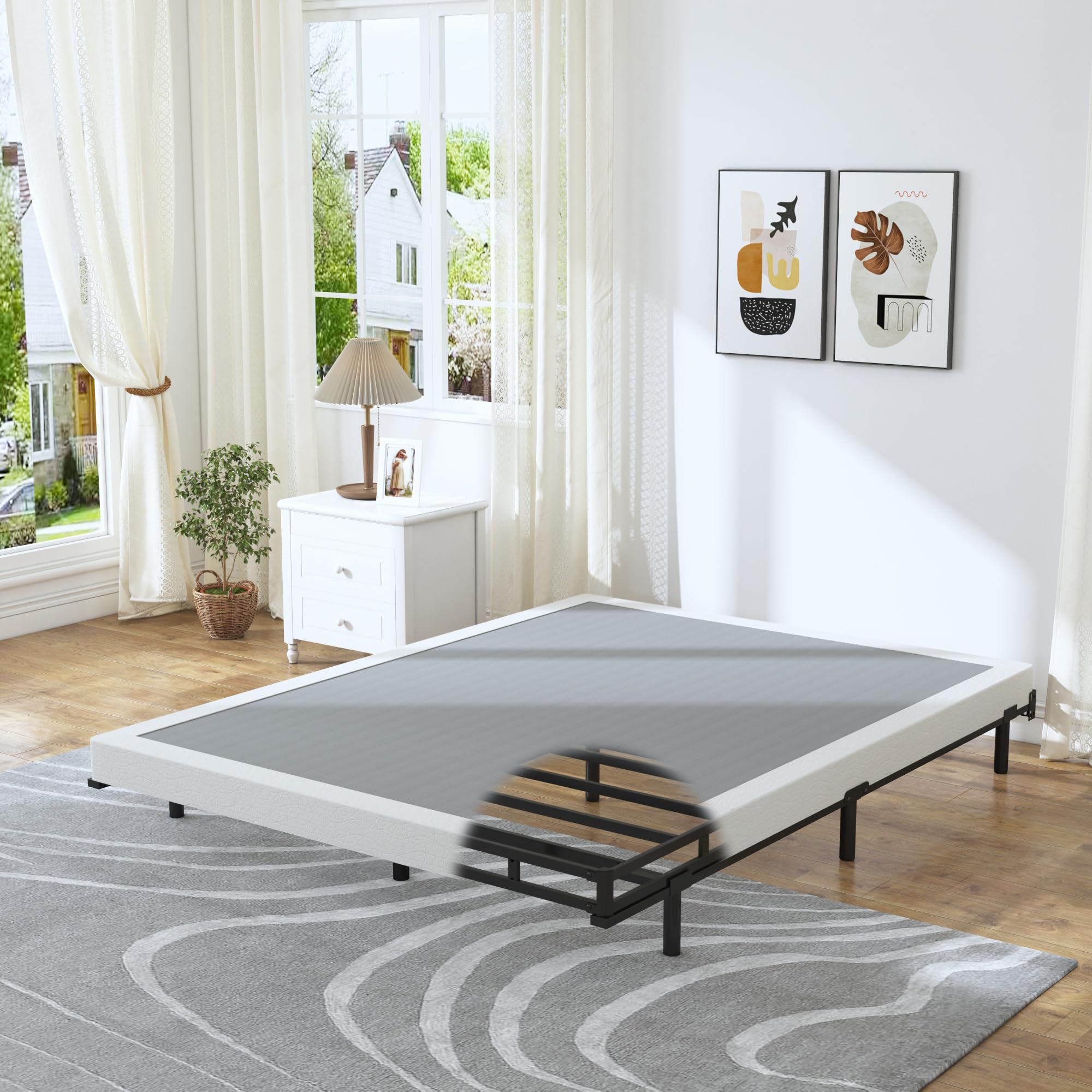 Hobinche 4 Inch Box Spring For Queen Bed Base, Low Profile Metal Queen Size Box Spring With Fabric Cover, 3000 Lbs Max Weight Capacity Mattress Foundation, Noise-Free, Easy Assembly