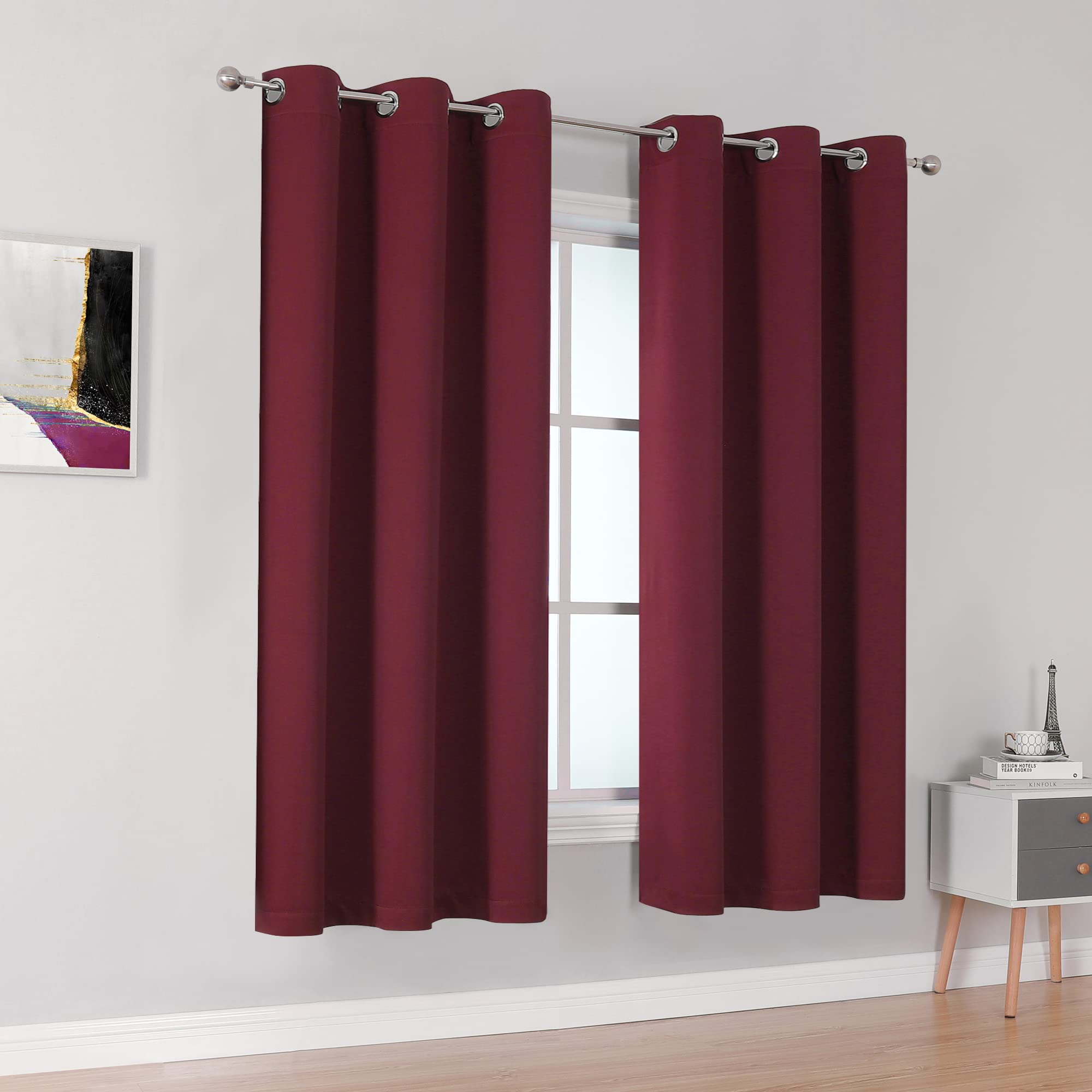 Dualife Christmas Decor Curtains - Burgundy Red Blackout Curtains For Bedroom Solid Thermal Insulated Window Curtain Panels With