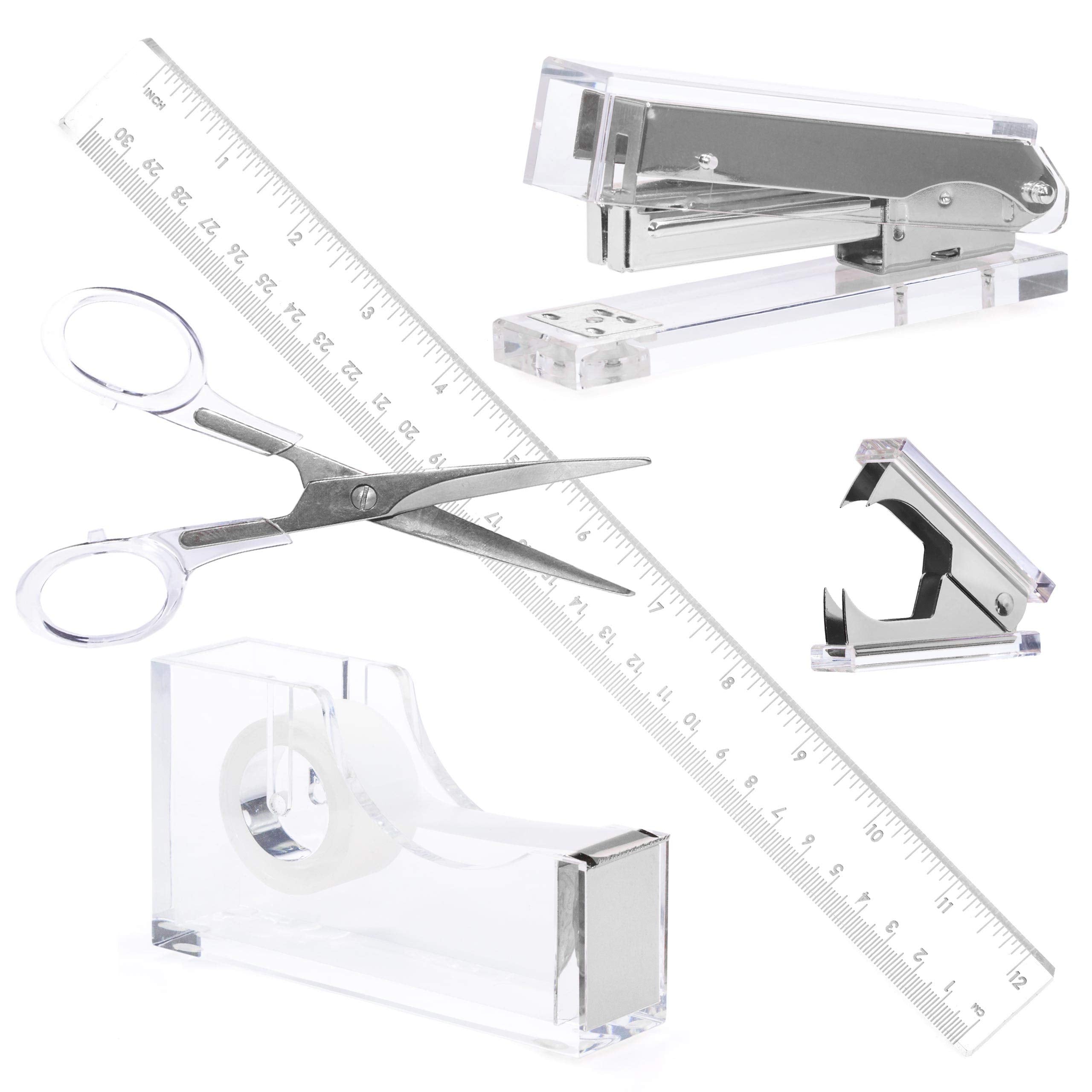 Silver Acrylic Lucite Bundle | Premium Stapler, Tape Dispenser, Scissors, Staple Remover, & Ruler Gift Set | Clear Stationery &