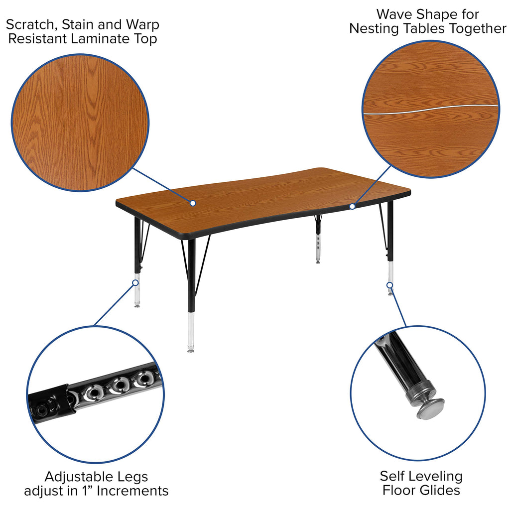Flash Furniture 3 Piece 76" Oval Wave Collaborative Oak Thermal Laminate Activity Table Set - Height Adjustable Short Legs