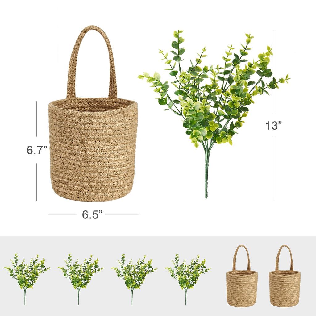 Dahey 2 Pack Wall Hanging Rope Basket With Artificial Eucalyptus Farmhouse Decor, Jute Woven Storage Organizer Flower Plants Bas